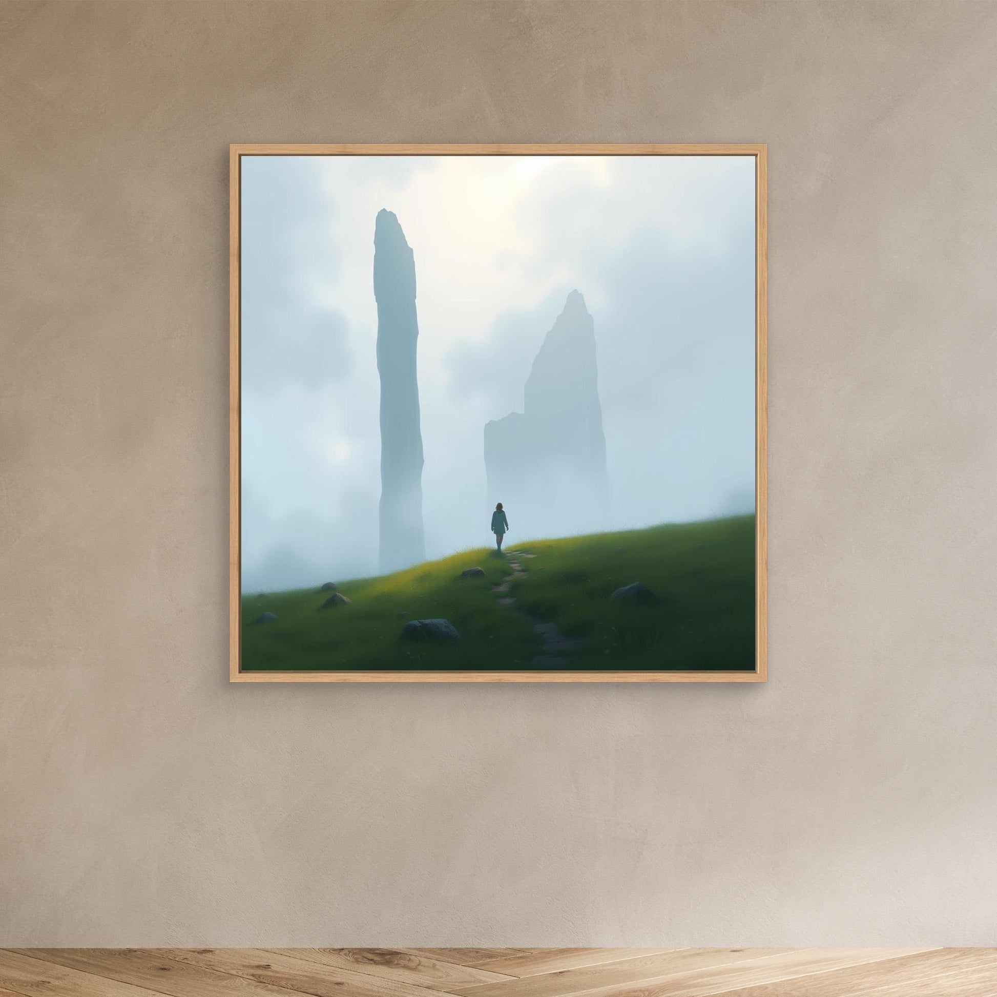 Wanderer of the Mist – Minimalist Nature Canvas Wall Art | Foggy Mountains & Lone Explorer Print