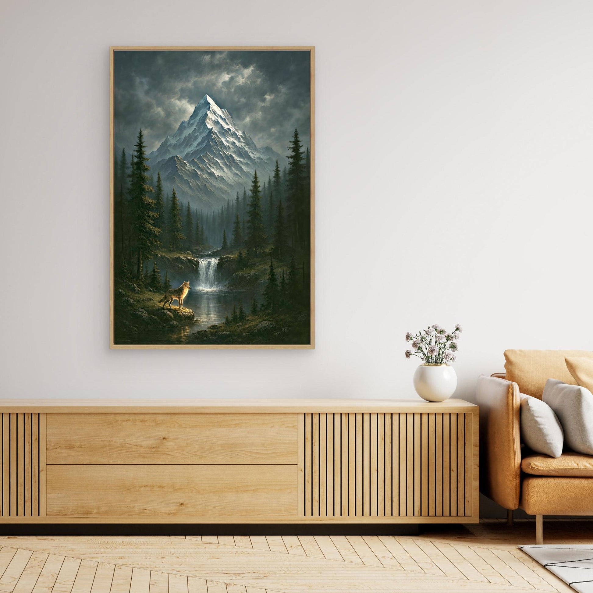 Wilderness Spirit – Wolf, Waterfall & Snowy Mountain Canvas Print