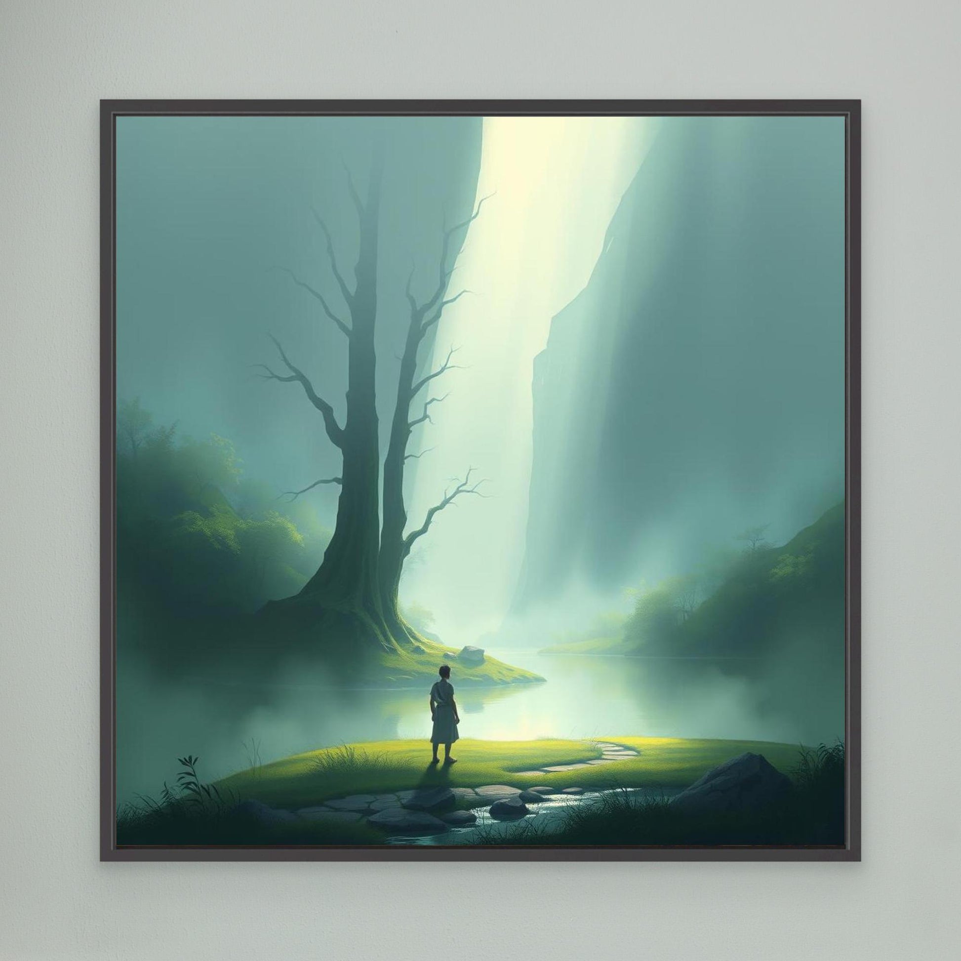 Misty Valley Awakening – Minimalist Nature Canvas Wall Art with Soft Light and Serenity