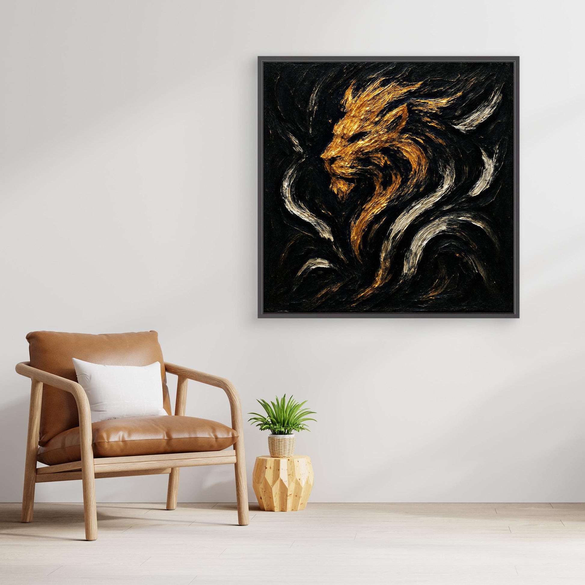 Abstract Lion Canvas Wall Art – Gold and Black Modern Print
