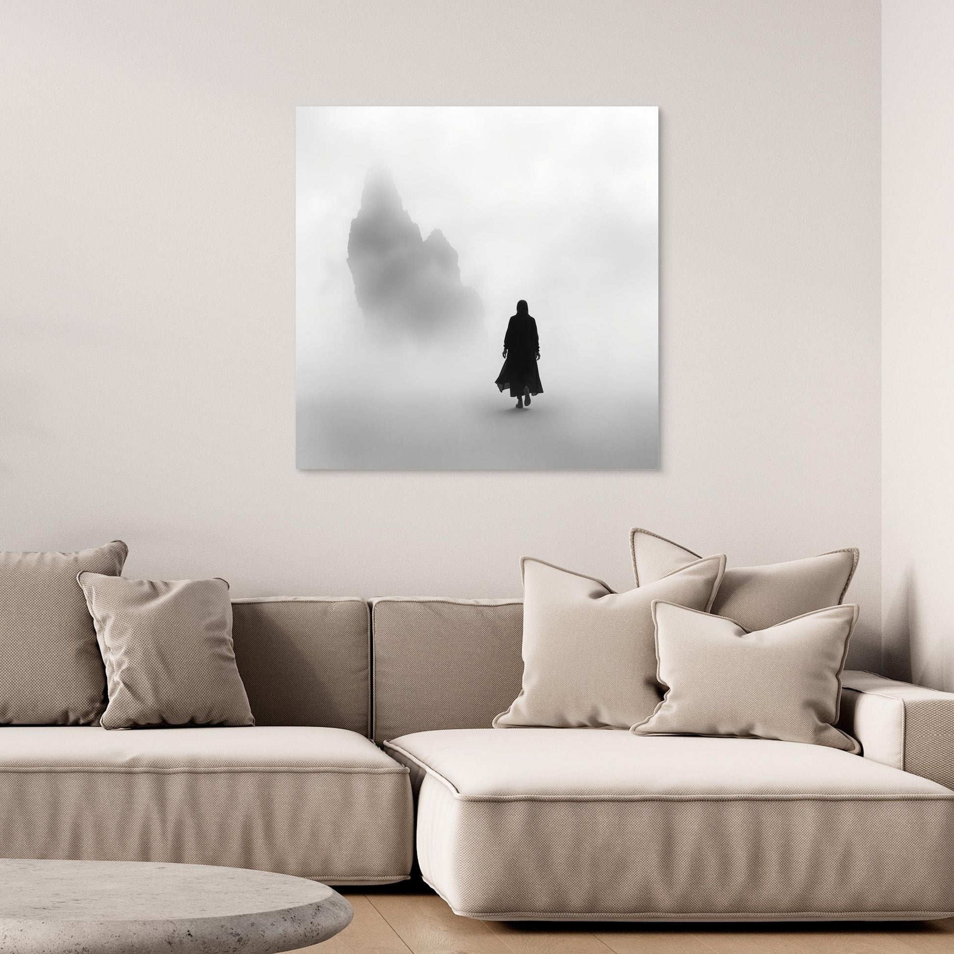 Into the Silence – Minimalist Black and White Canvas Art of Solitary Figure in Foggy Landscape