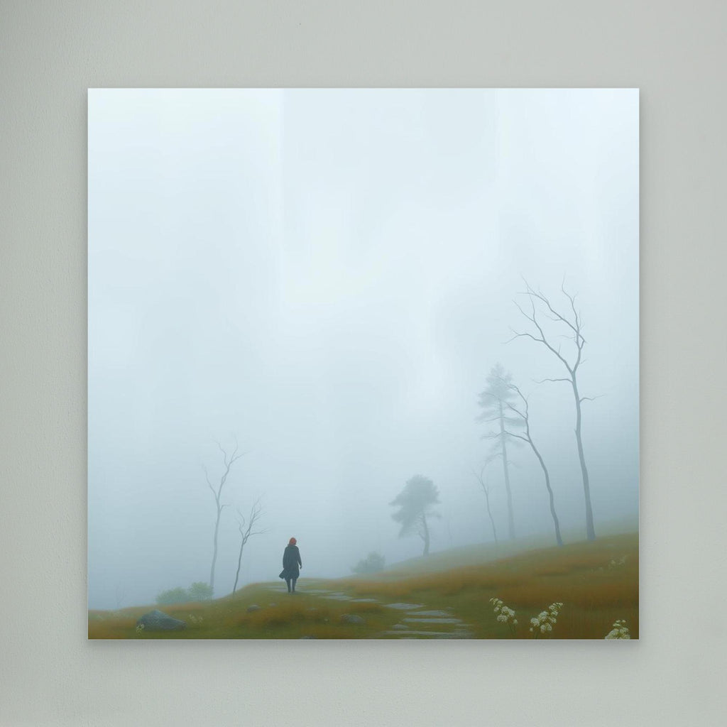 Into the Mist – Minimalist Canvas Wall Art of Woman Walking Through Foggy Landscape
