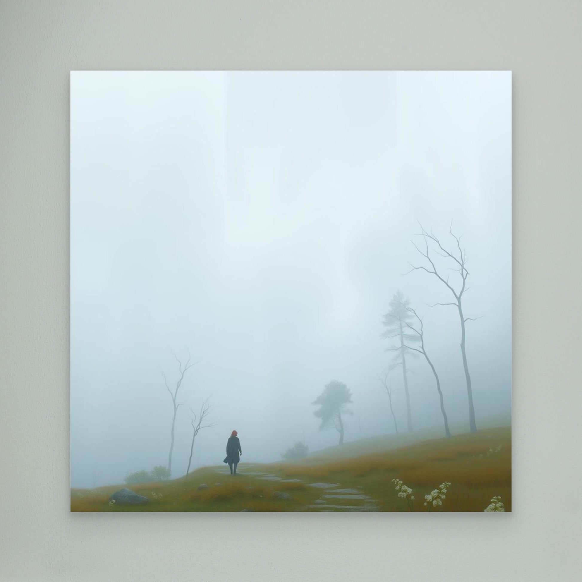 Into the Mist – Minimalist Canvas Wall Art of Woman Walking Through Foggy Landscape