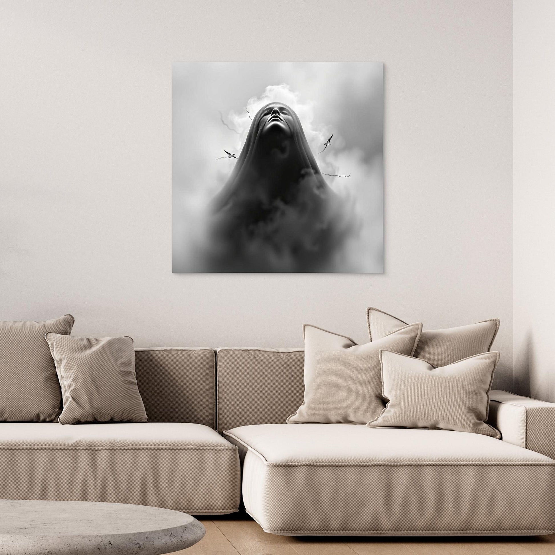 Ascension Through the Storm – Surreal Black and White Canvas Wall Art