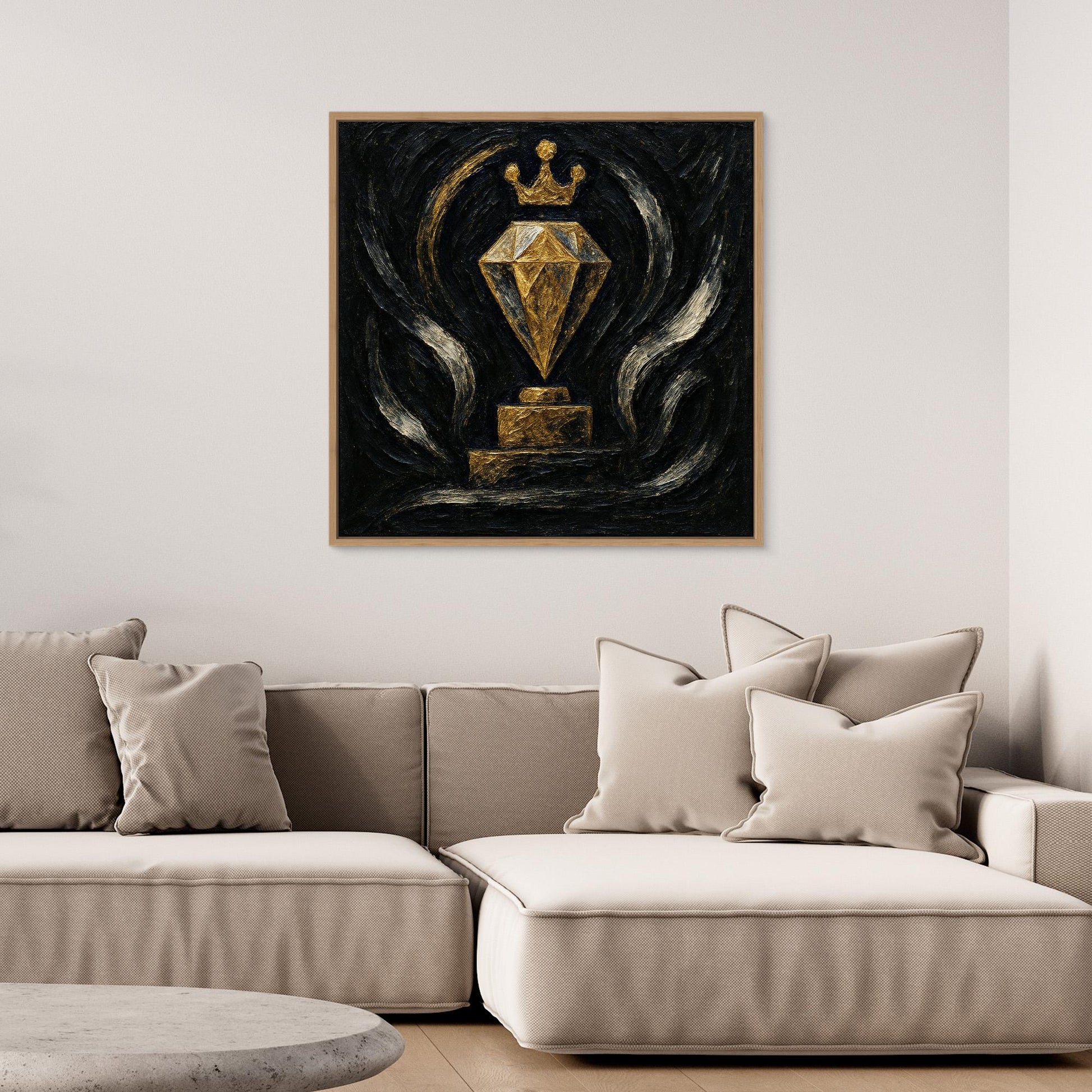 Gold Crowned Diamond – Abstract Canvas Wall Art in Black & Gold