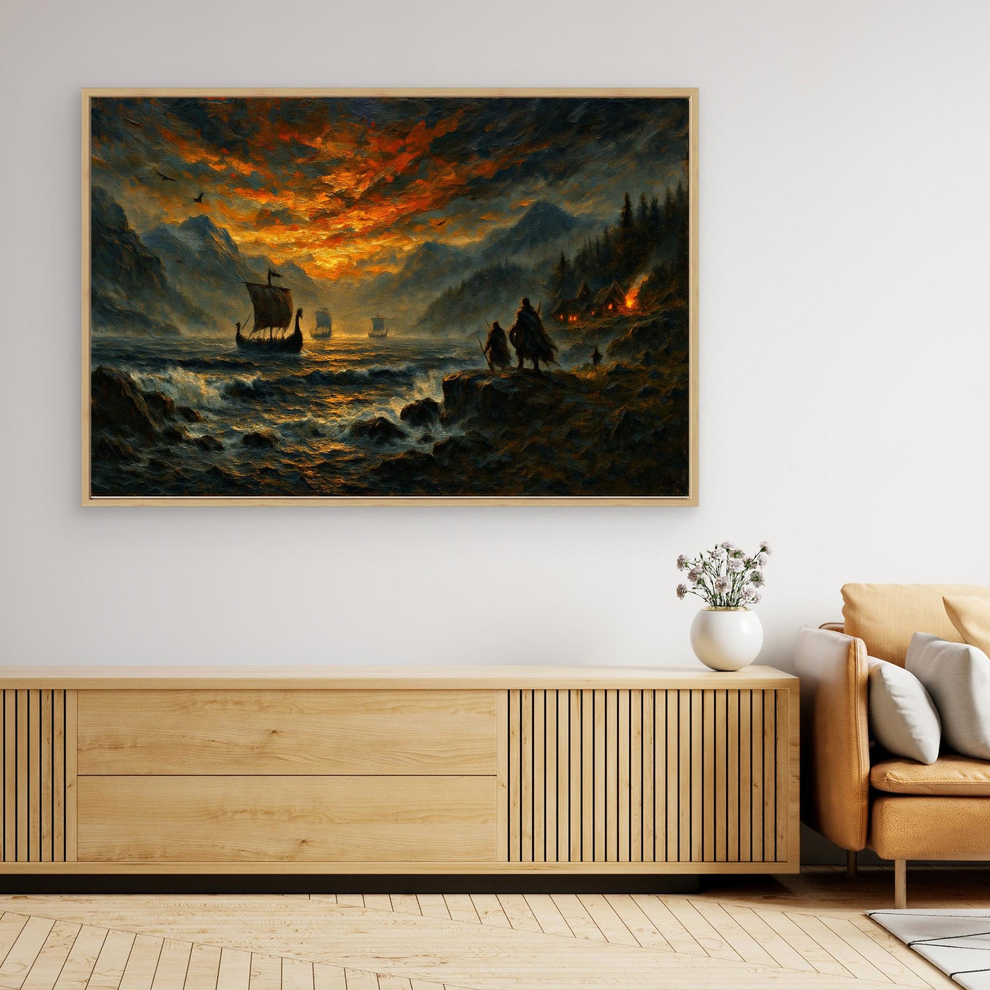 Viking Longship Canvas Wall Art – Dramatic Nordic Sunset Print