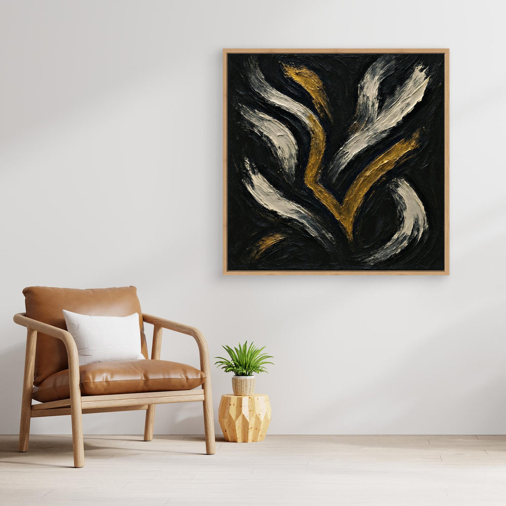 Gold and White Abstract Canvas Wall Art – Flowing Brush Design