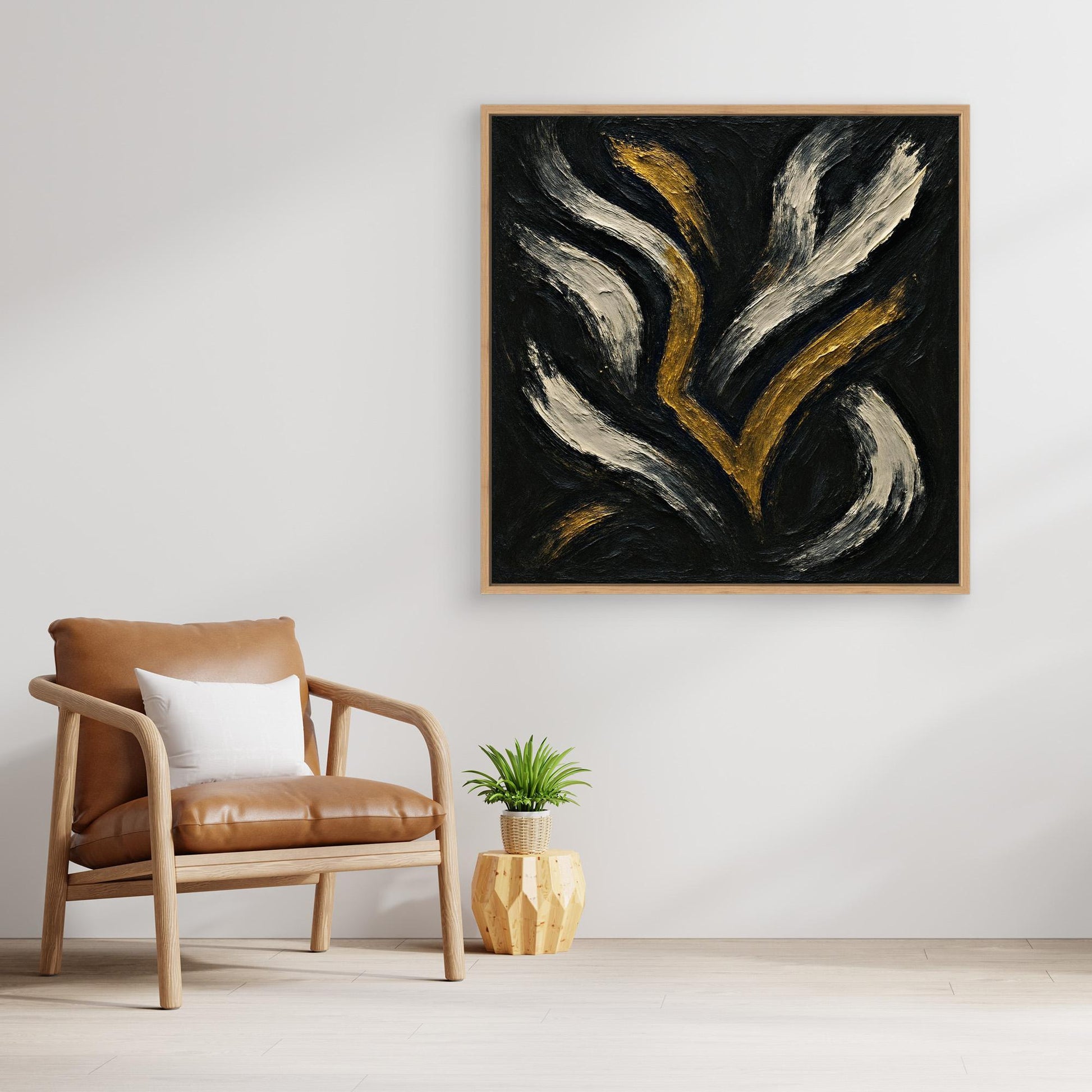 Gold and White Abstract Canvas Wall Art – Flowing Brush Design