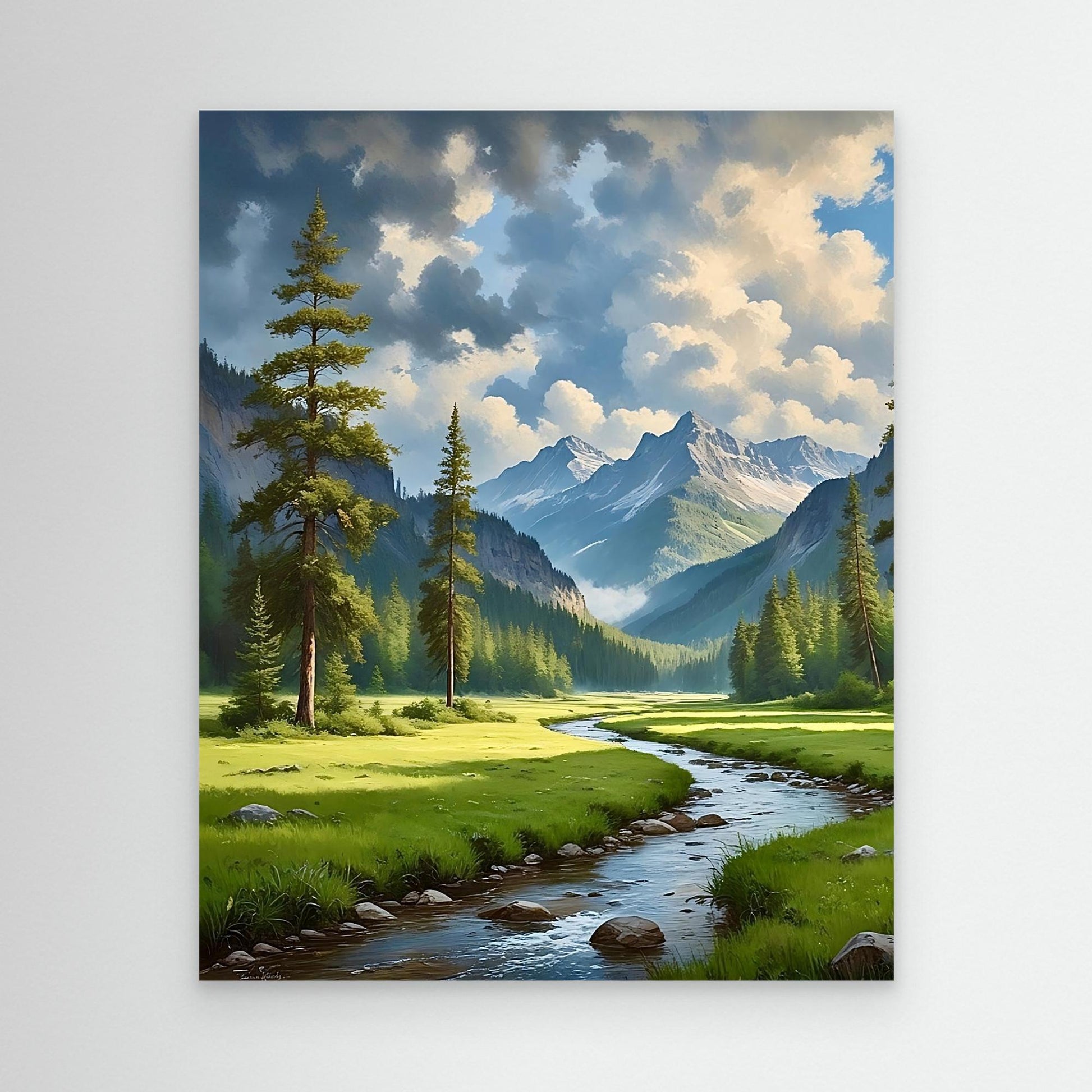 Mountain Valley Canvas Wall Art – Scenic River, Forest & Clouds Landscape Print