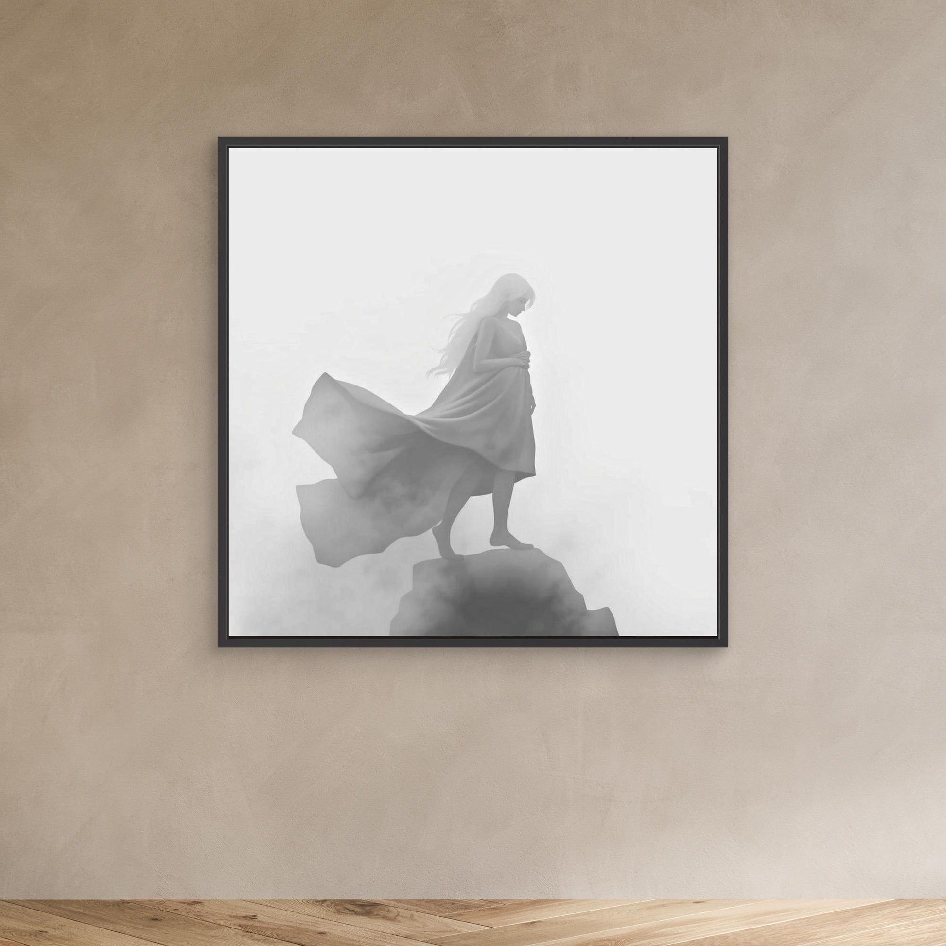 Veil of the Mist – Minimalist Black and White Canvas Wall Art of a Mysterious Woman in the Fog