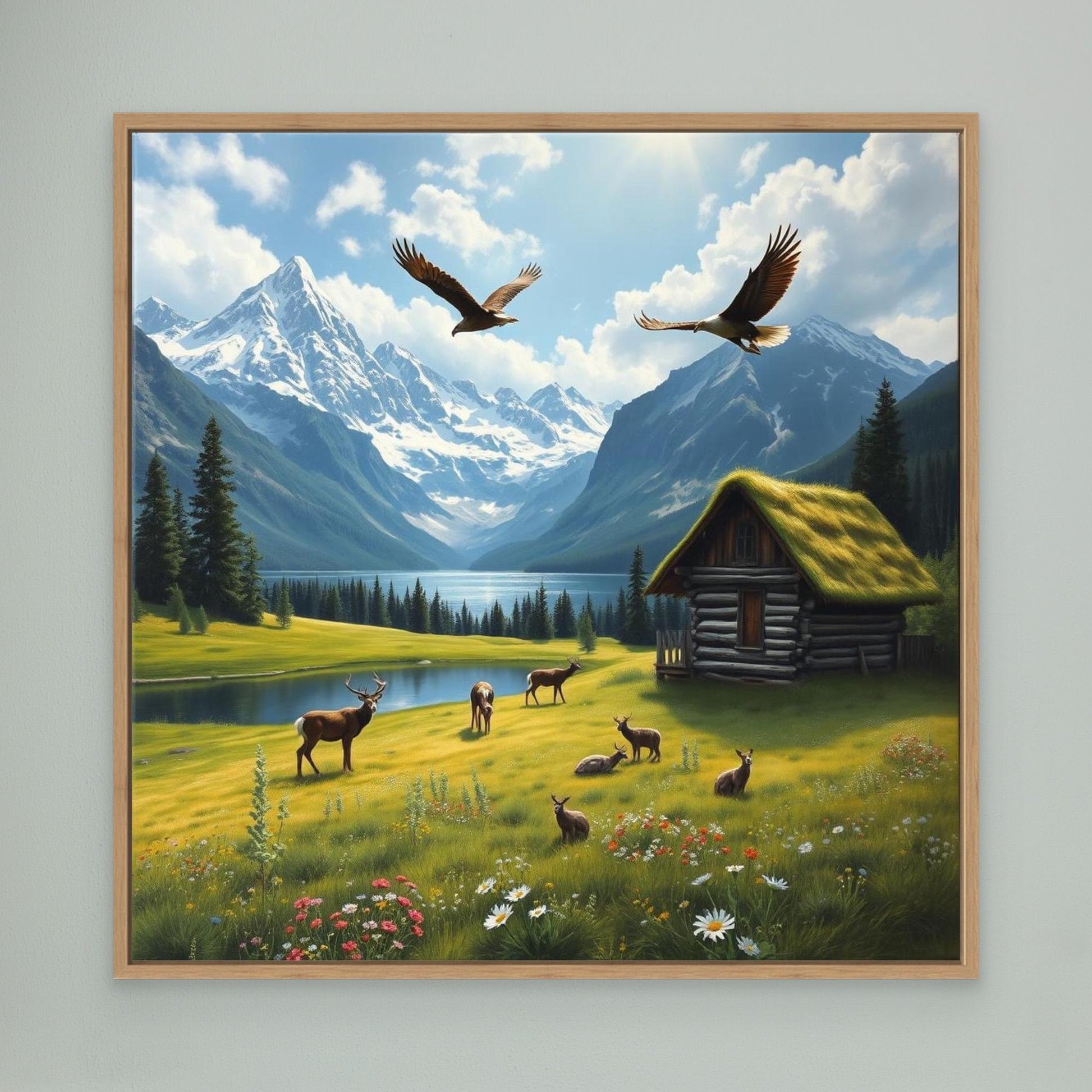 Alpine Sanctuary – Wildlife and Cabin by the Lake Canvas Art