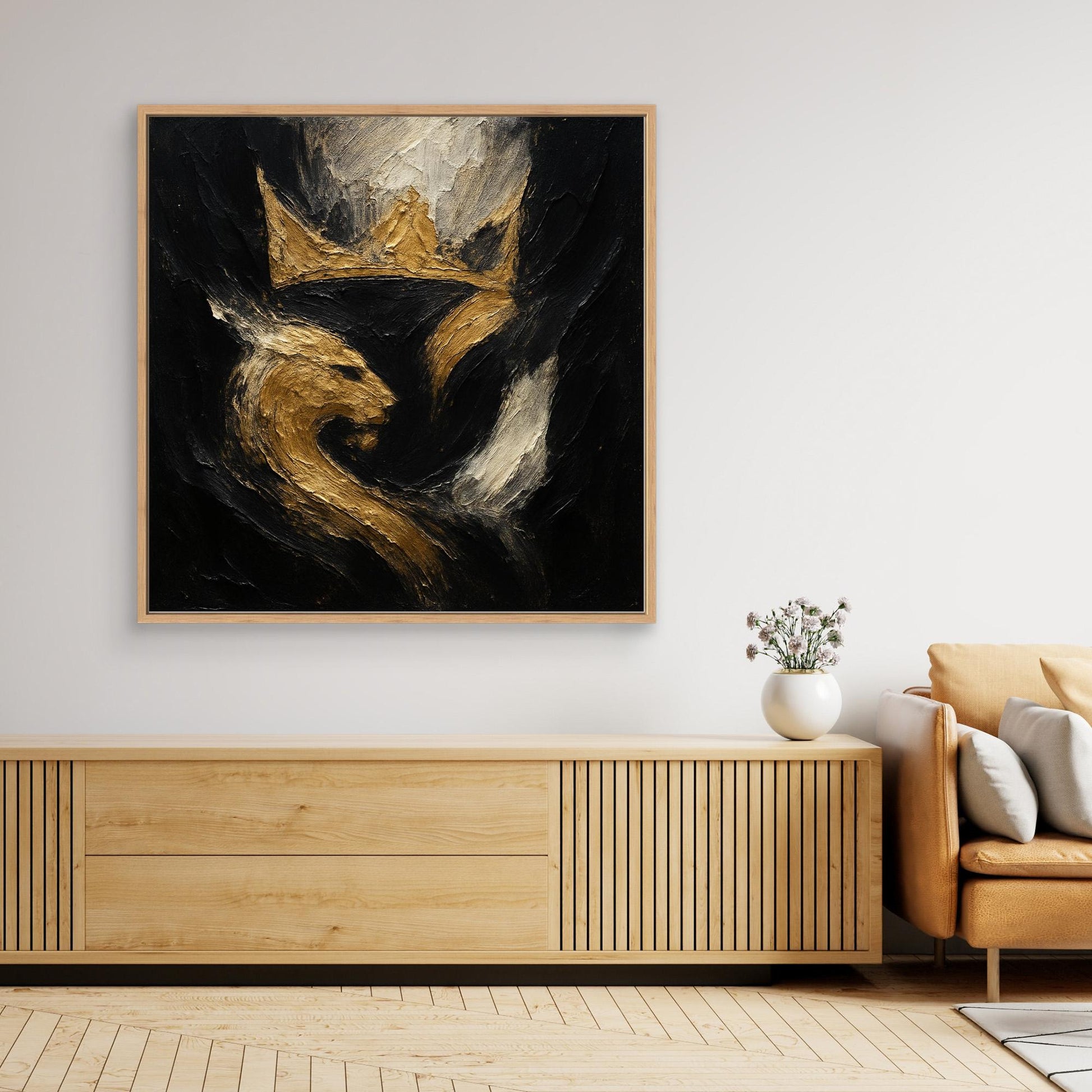 Crowned Lion Canvas Wall Art – Abstract Gold and Black Painting