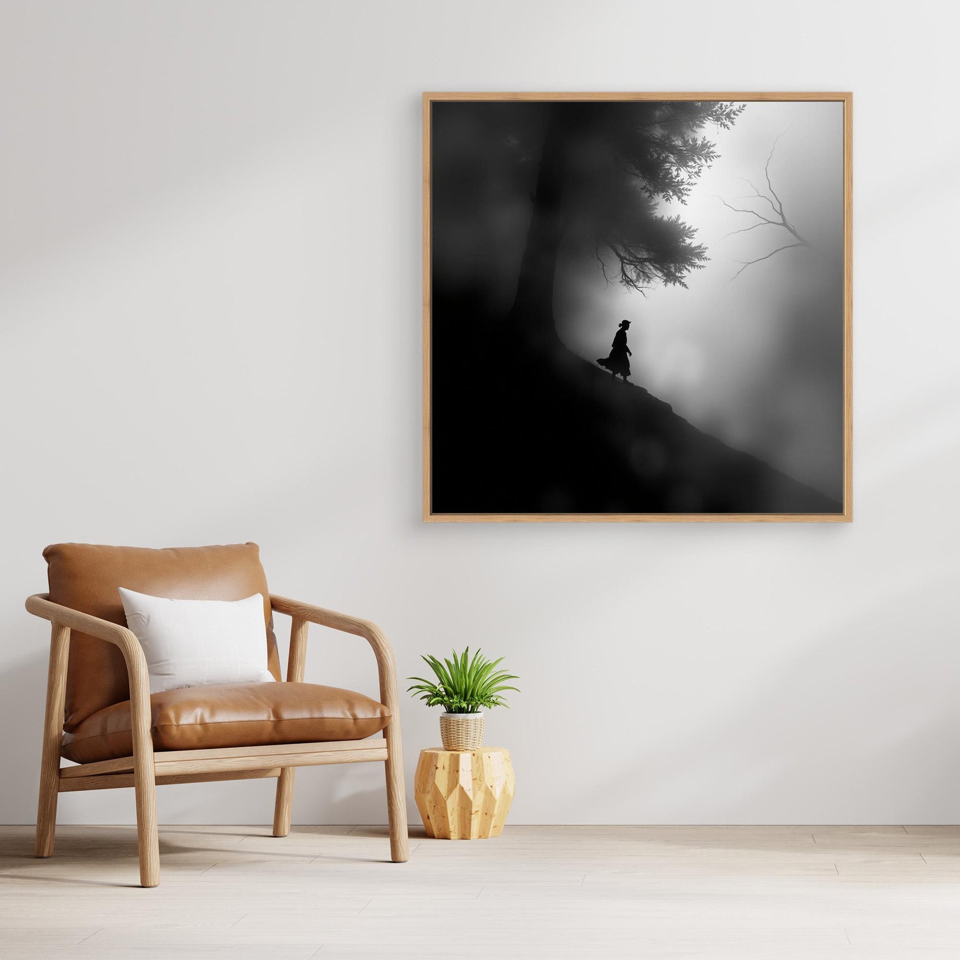 Mystic Walk Through the Fog – Black and White Nature Canvas Wall Art