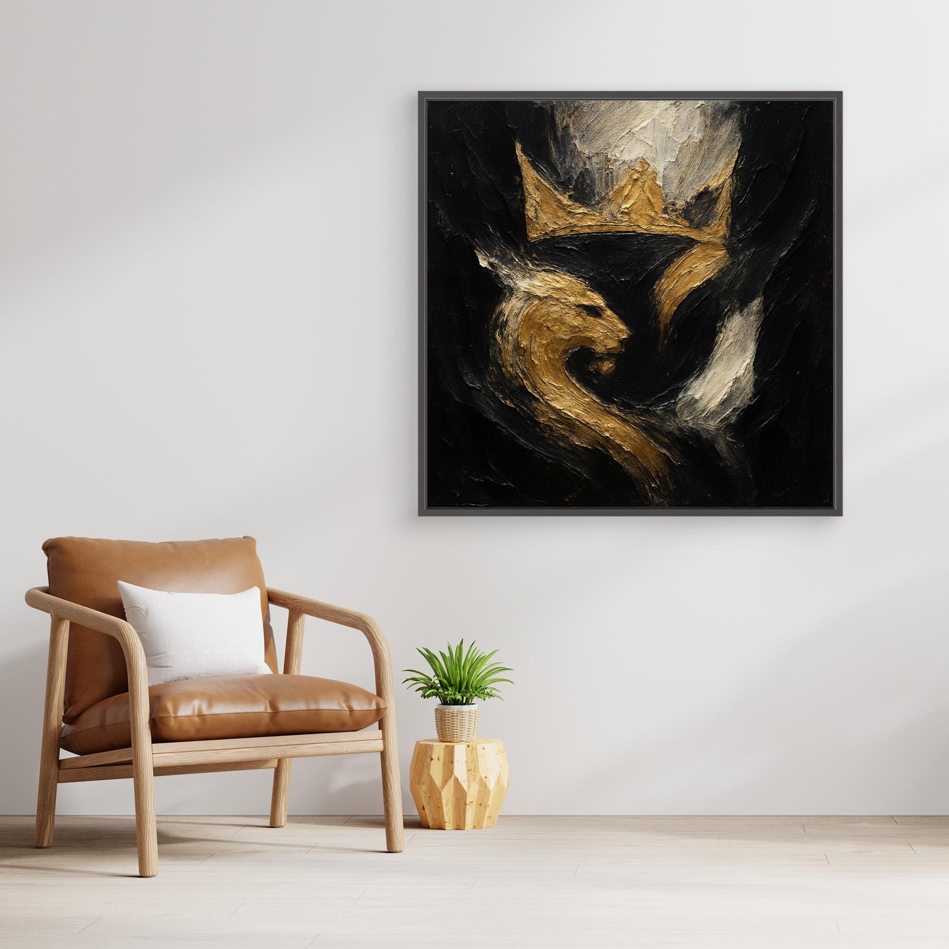 Crowned Lion Canvas Wall Art – Abstract Gold and Black Painting