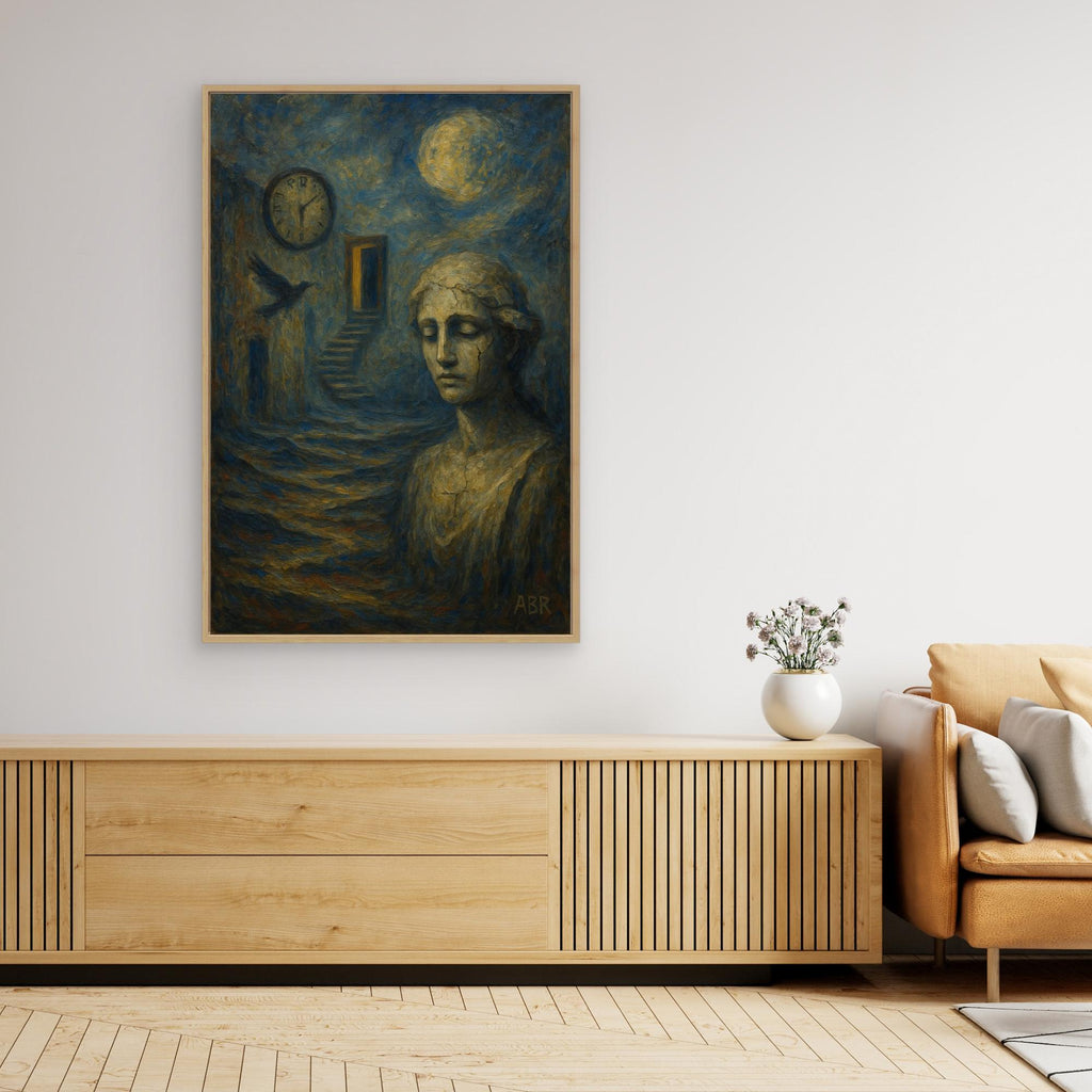 Surreal blue and gold abstract canvas wall art with cracked statue and moonlit staircase.