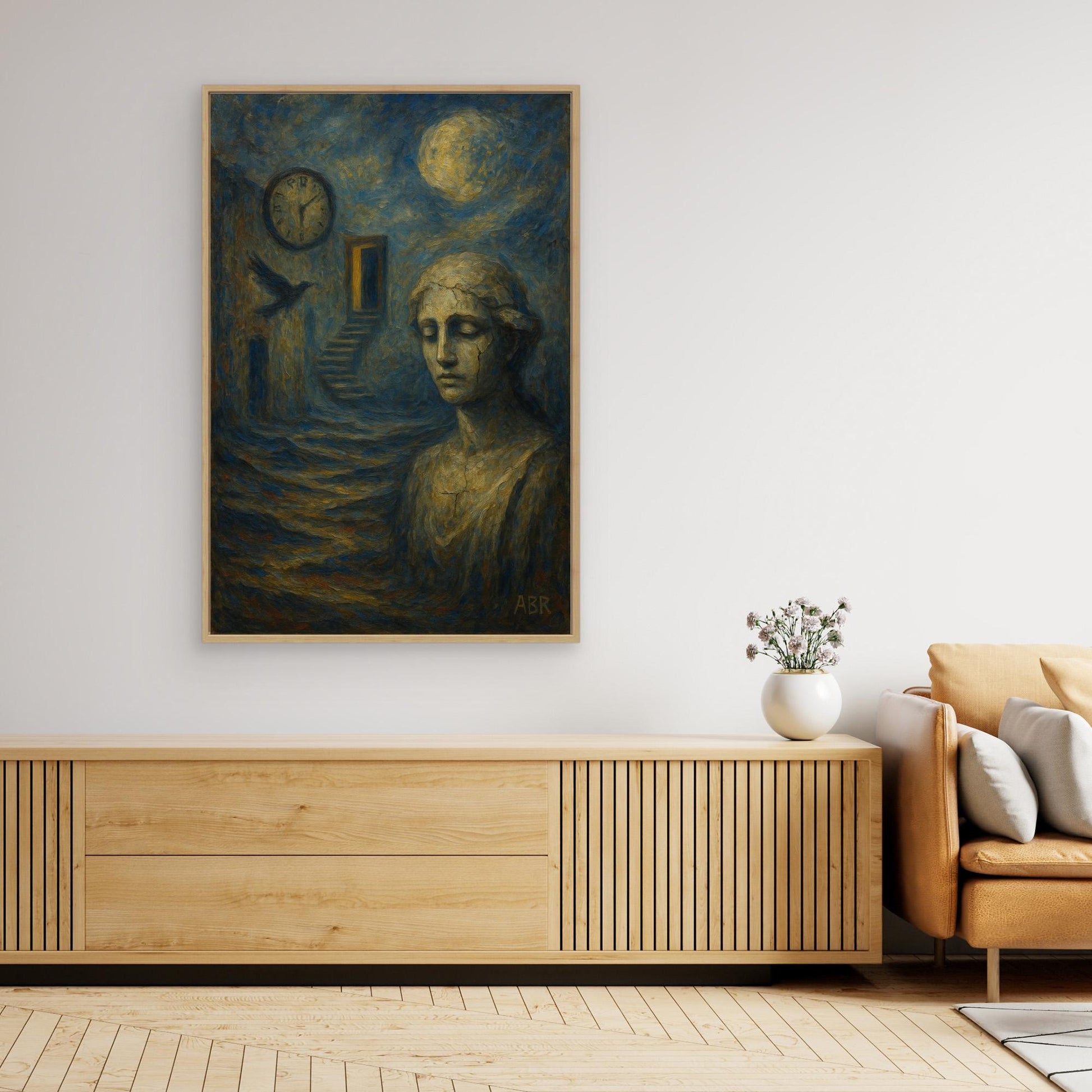 Surreal blue and gold abstract canvas wall art with cracked statue and moonlit staircase.