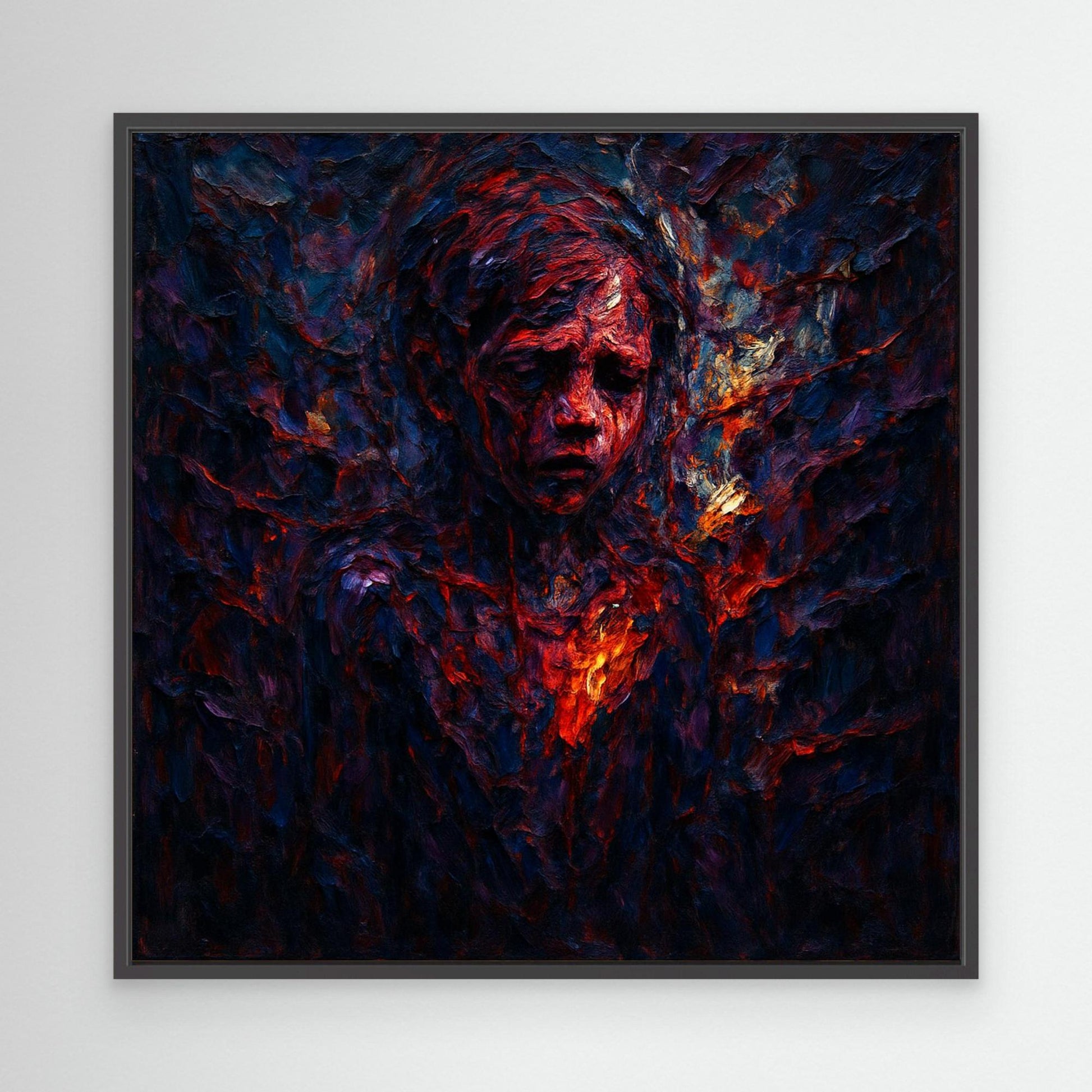 Figurative Fire Portrait – Dark Emotional Canvas Wall Art