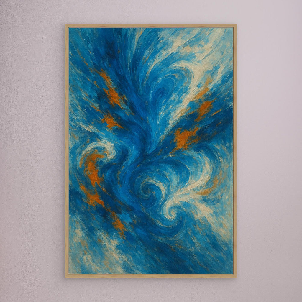 Abstract Ocean Swirl Canvas Wall Art – Blue and Orange Brush Texture