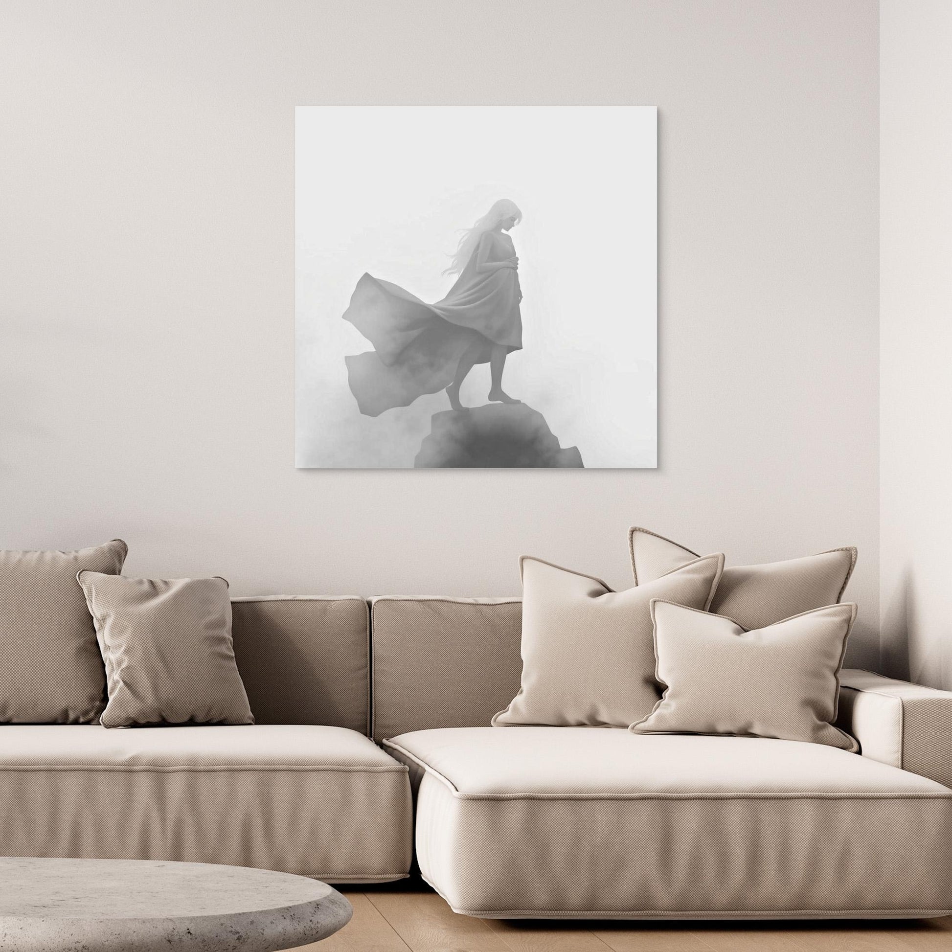 Veil of the Mist – Minimalist Black and White Canvas Wall Art of a Mysterious Woman in the Fog
