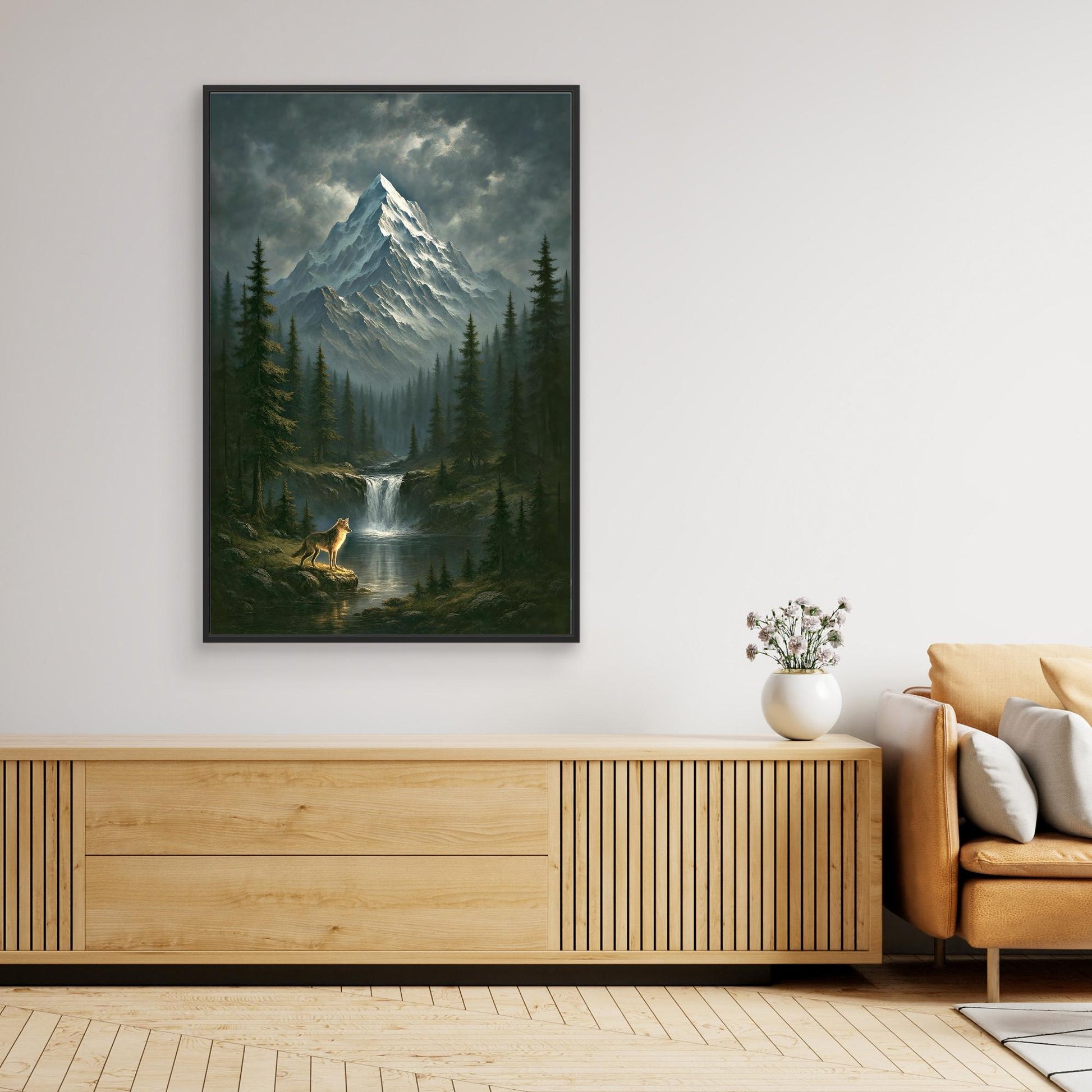 Wilderness Spirit – Wolf, Waterfall & Snowy Mountain Canvas Print