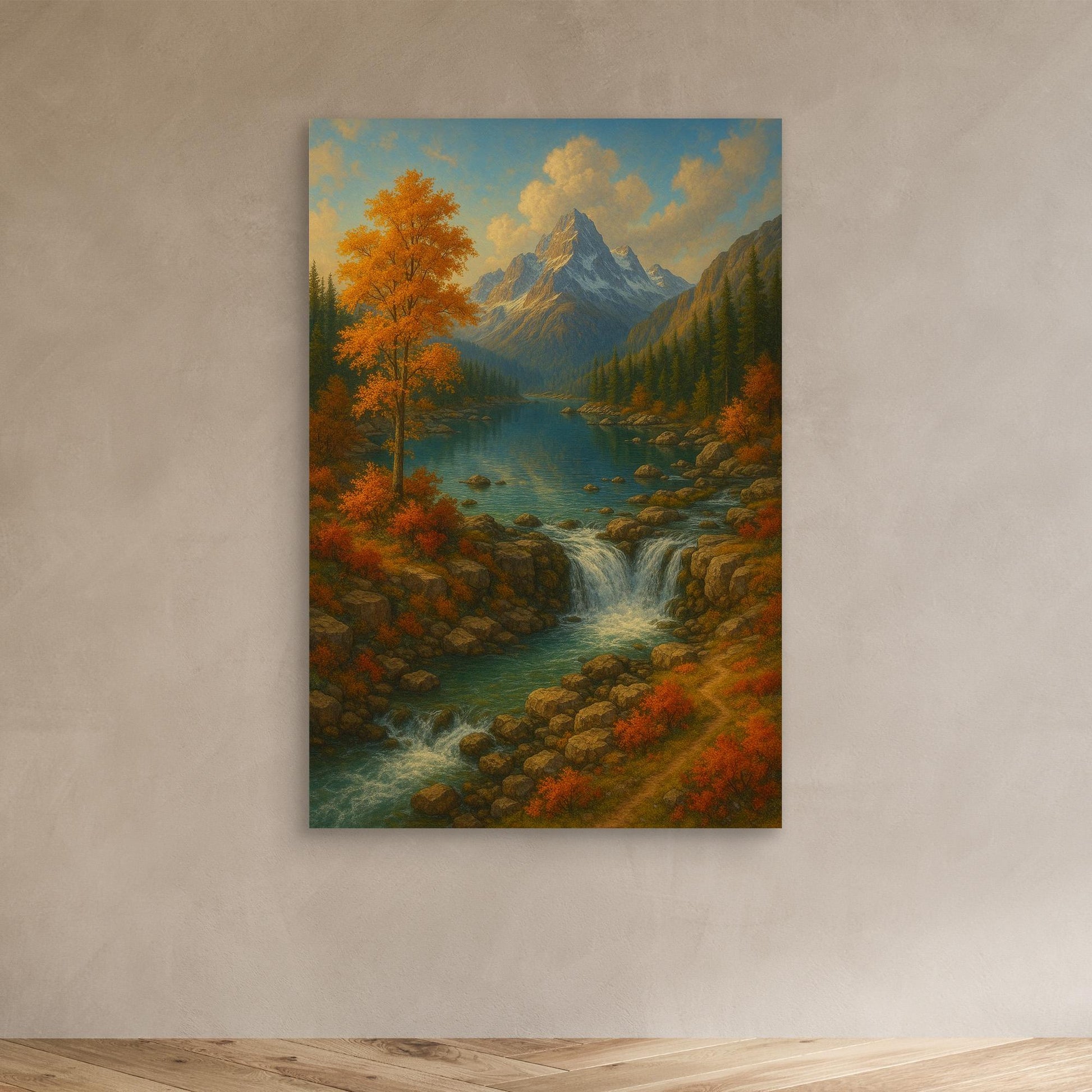 Mountain Waterfall Canvas Wall Art – Autumn Nature Landscape Print