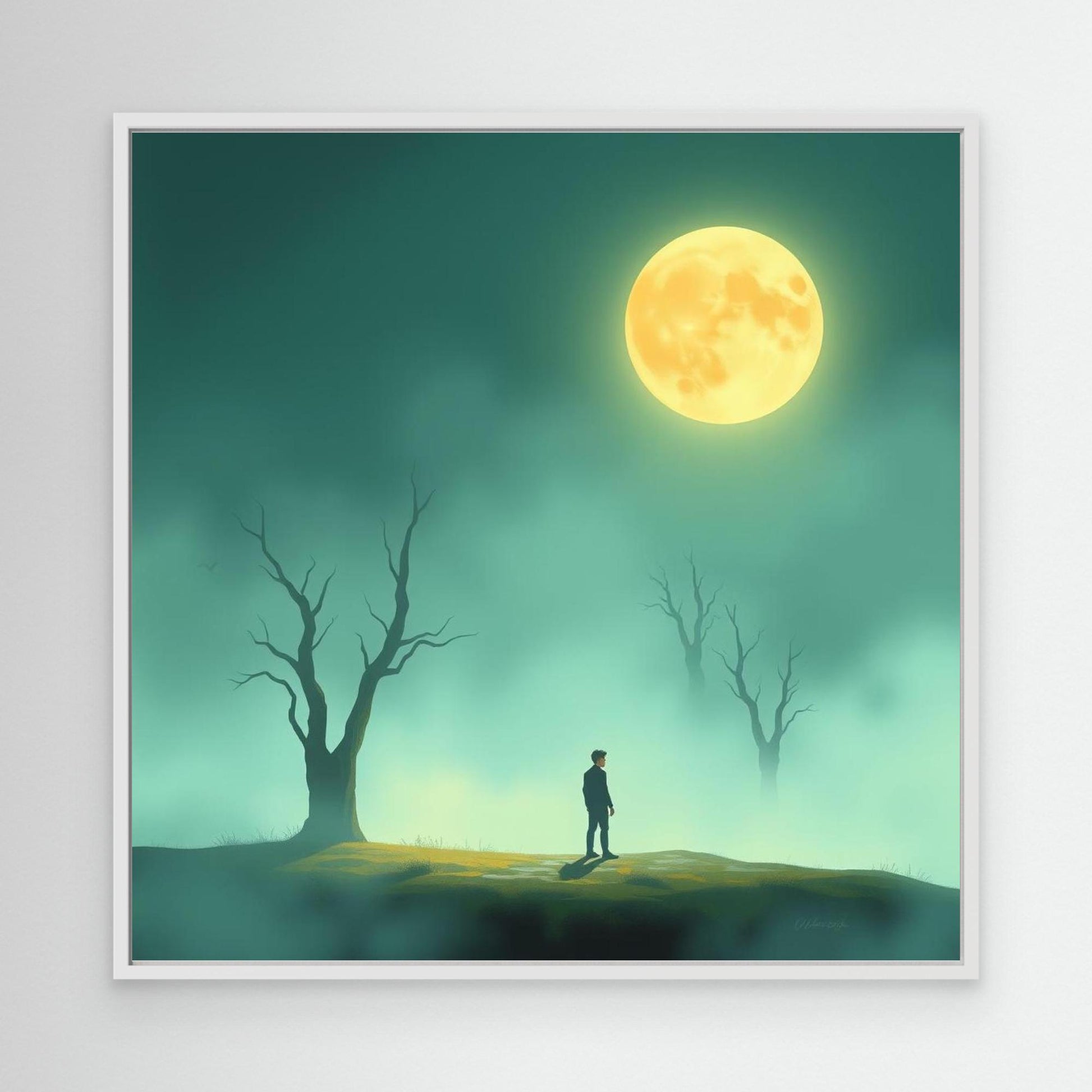 Minimalist Moonlight Silence – Serene Canvas Wall Art in Fog and Full Moonlight