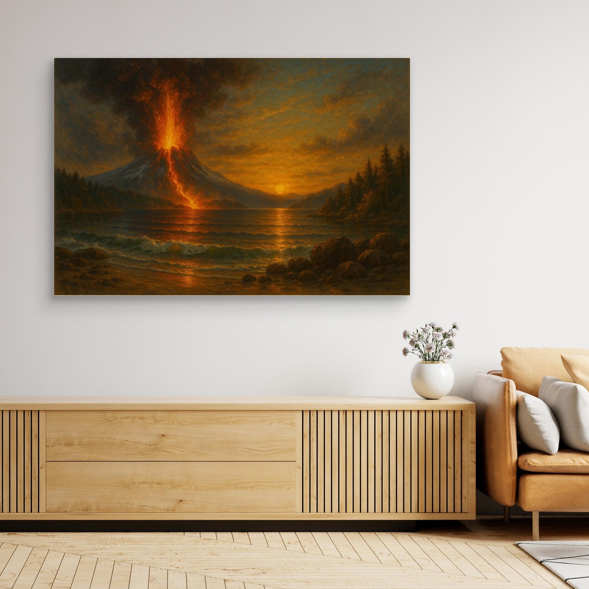 “Eruption at Sunset” – Dramatic Volcanic Landscape Canvas Wall Art