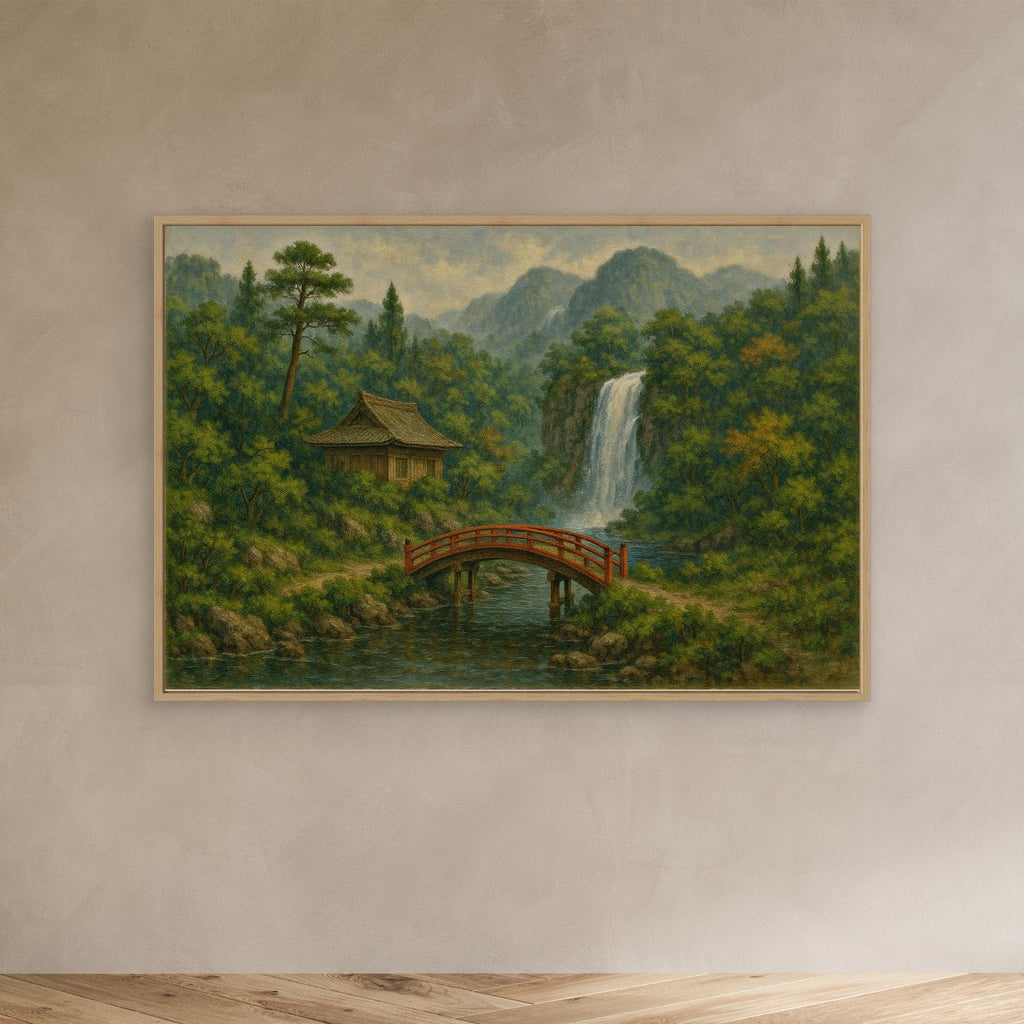 Japanese Bridge & Waterfall Canvas Wall Art – Tranquil Nature Landscape Print