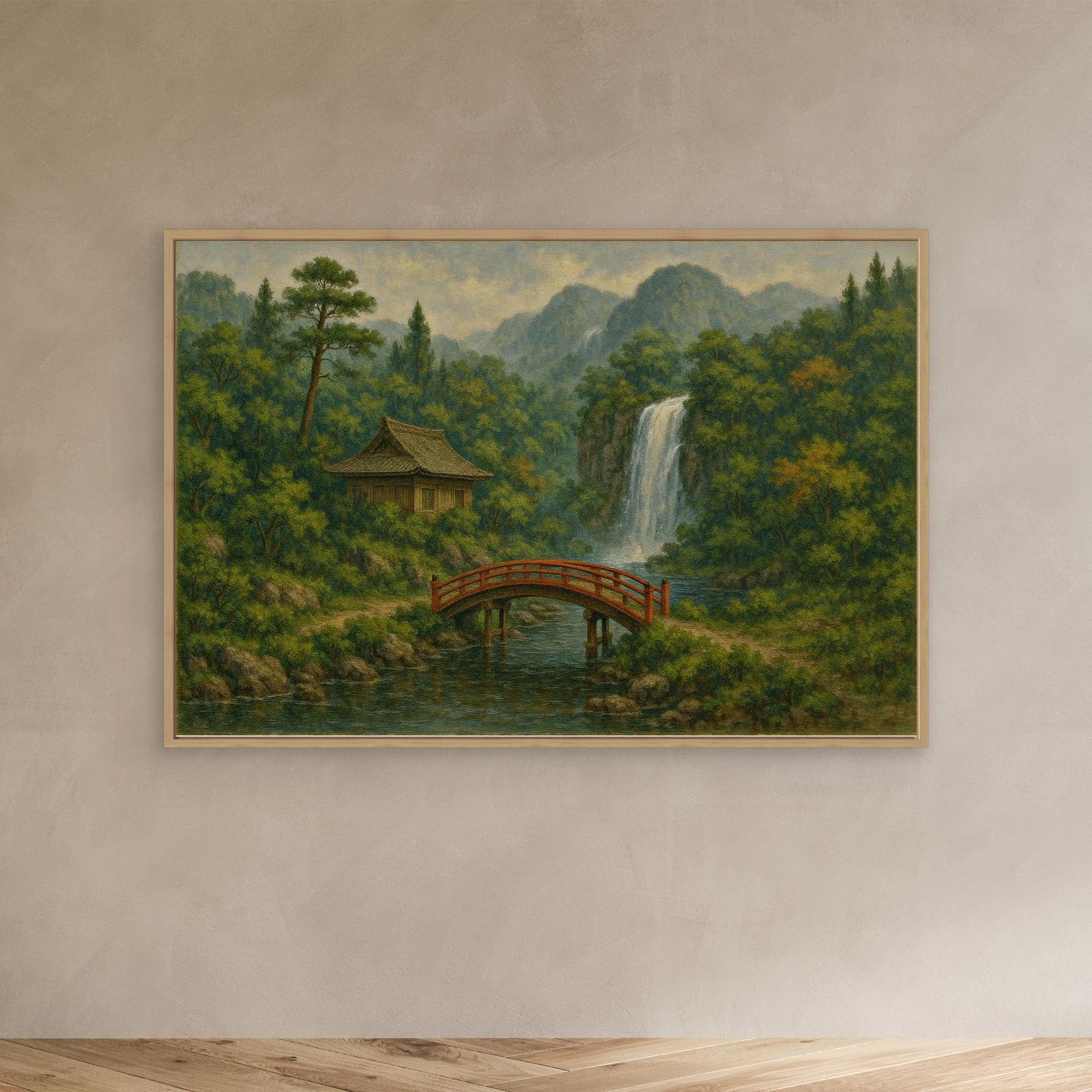 Japanese Bridge & Waterfall Canvas Wall Art – Tranquil Nature Landscape Print