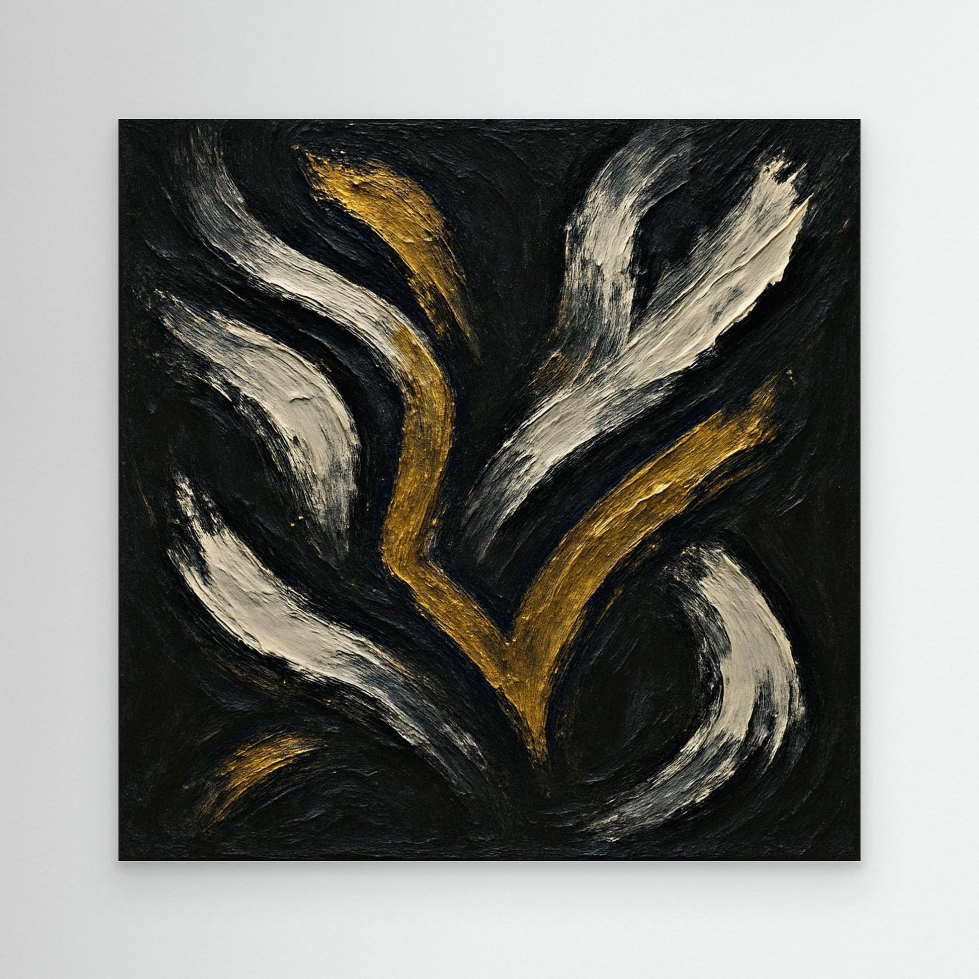 Gold and White Abstract Canvas Wall Art – Flowing Brush Design