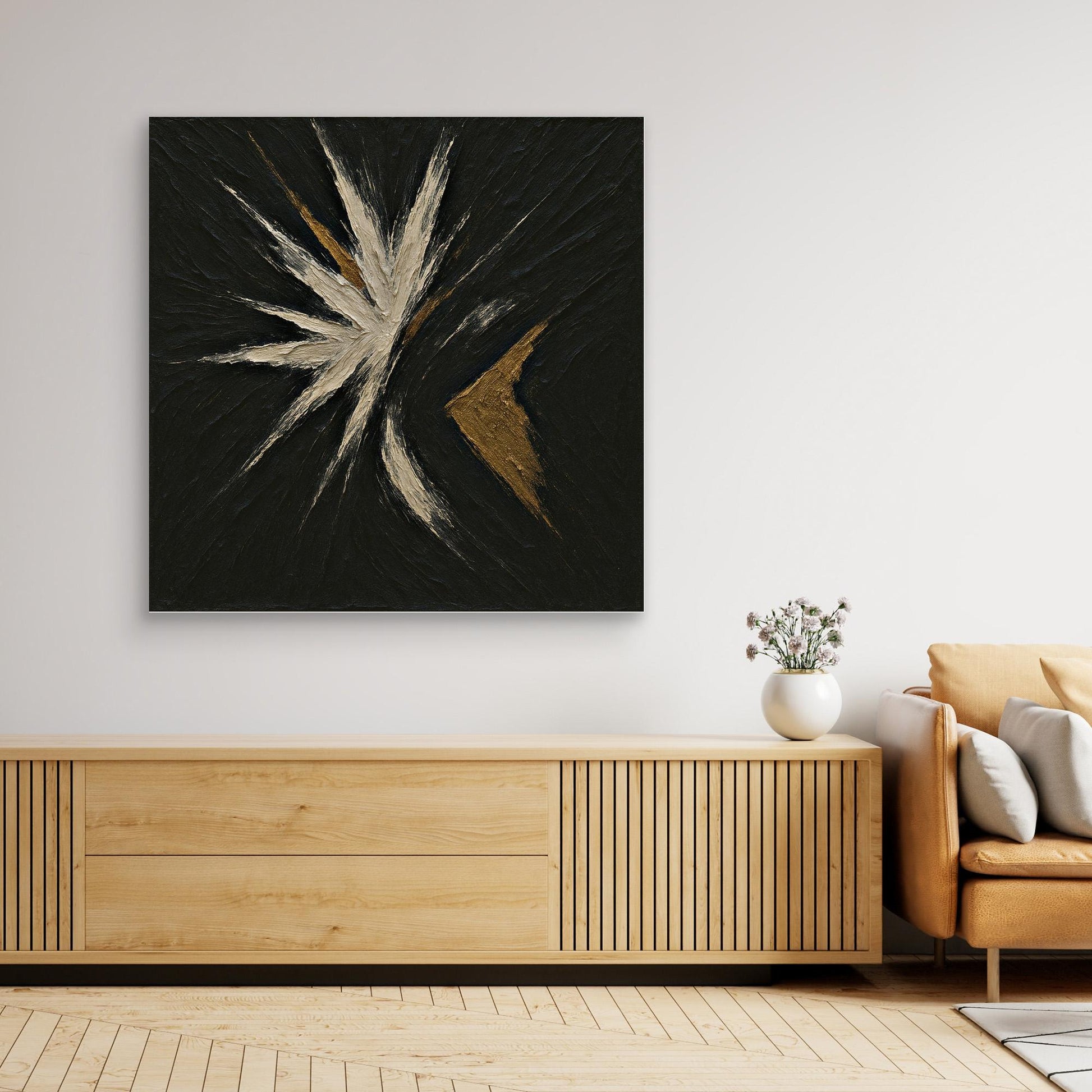 Abstract Starburst Canvas Wall Art – Black, Gold & Ivory