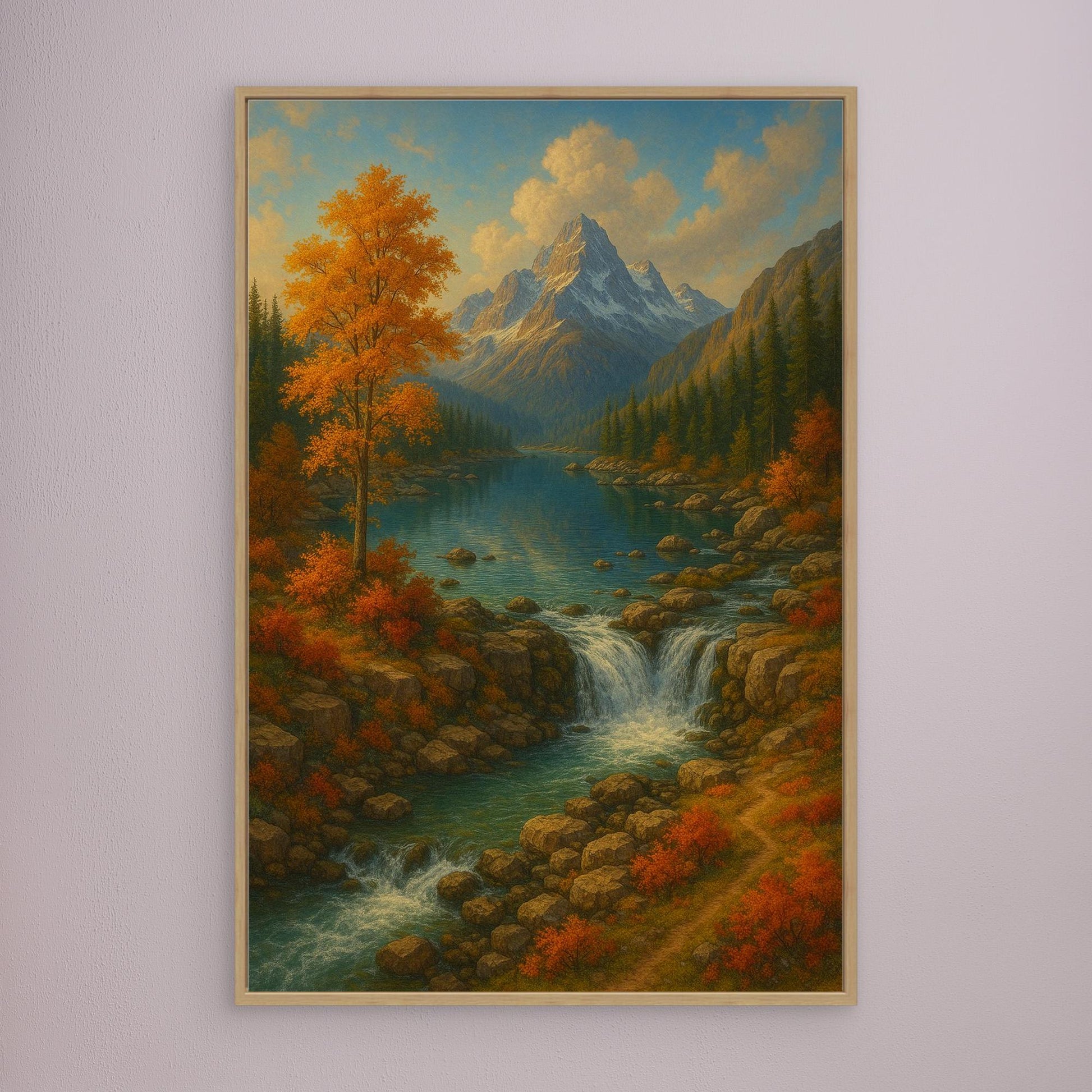Mountain Waterfall Canvas Wall Art – Autumn Nature Landscape Print