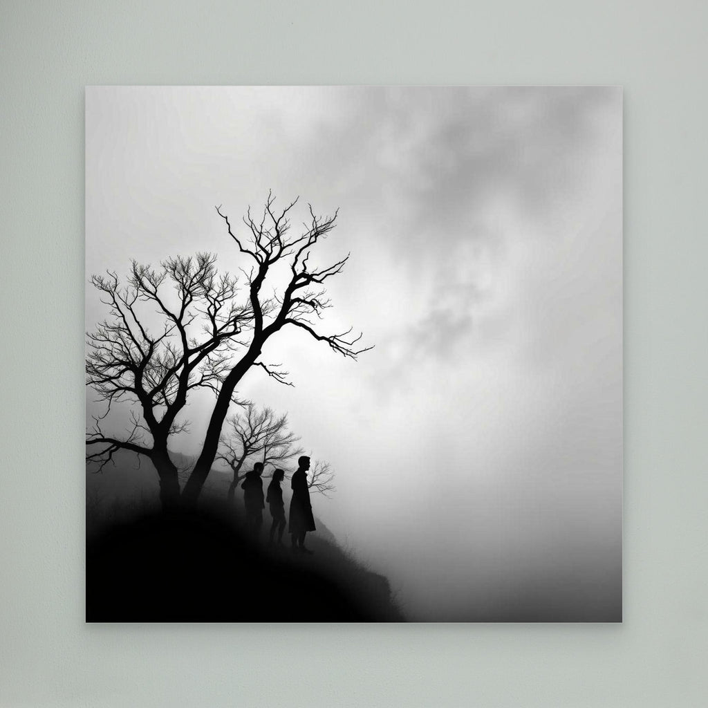 Edge of Silence – Minimalist Black & White Canvas Art | Surreal Fog Landscape with Silhouettes