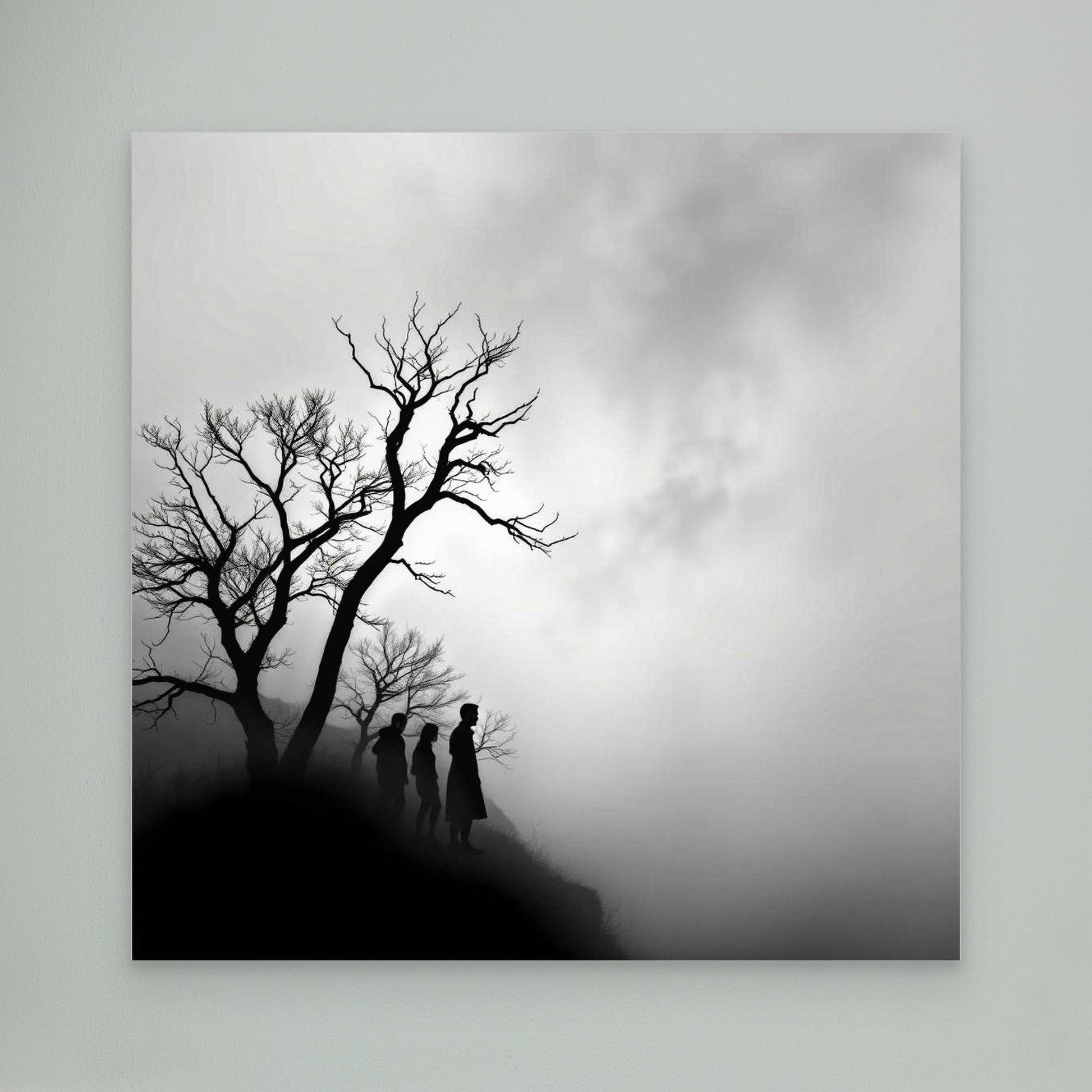 Edge of Silence – Minimalist Black & White Canvas Art | Surreal Fog Landscape with Silhouettes