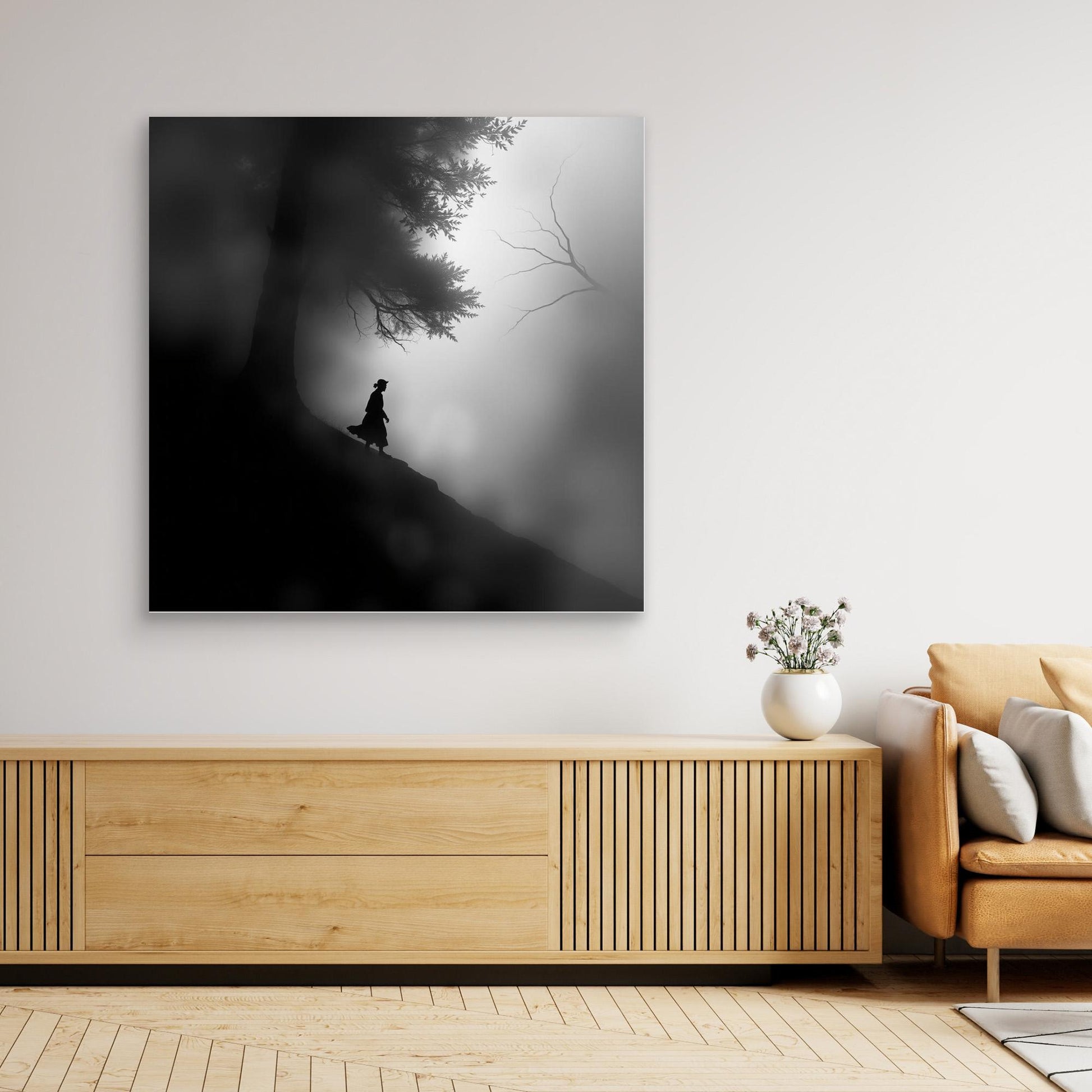 Mystic Walk Through the Fog – Black and White Nature Canvas Wall Art