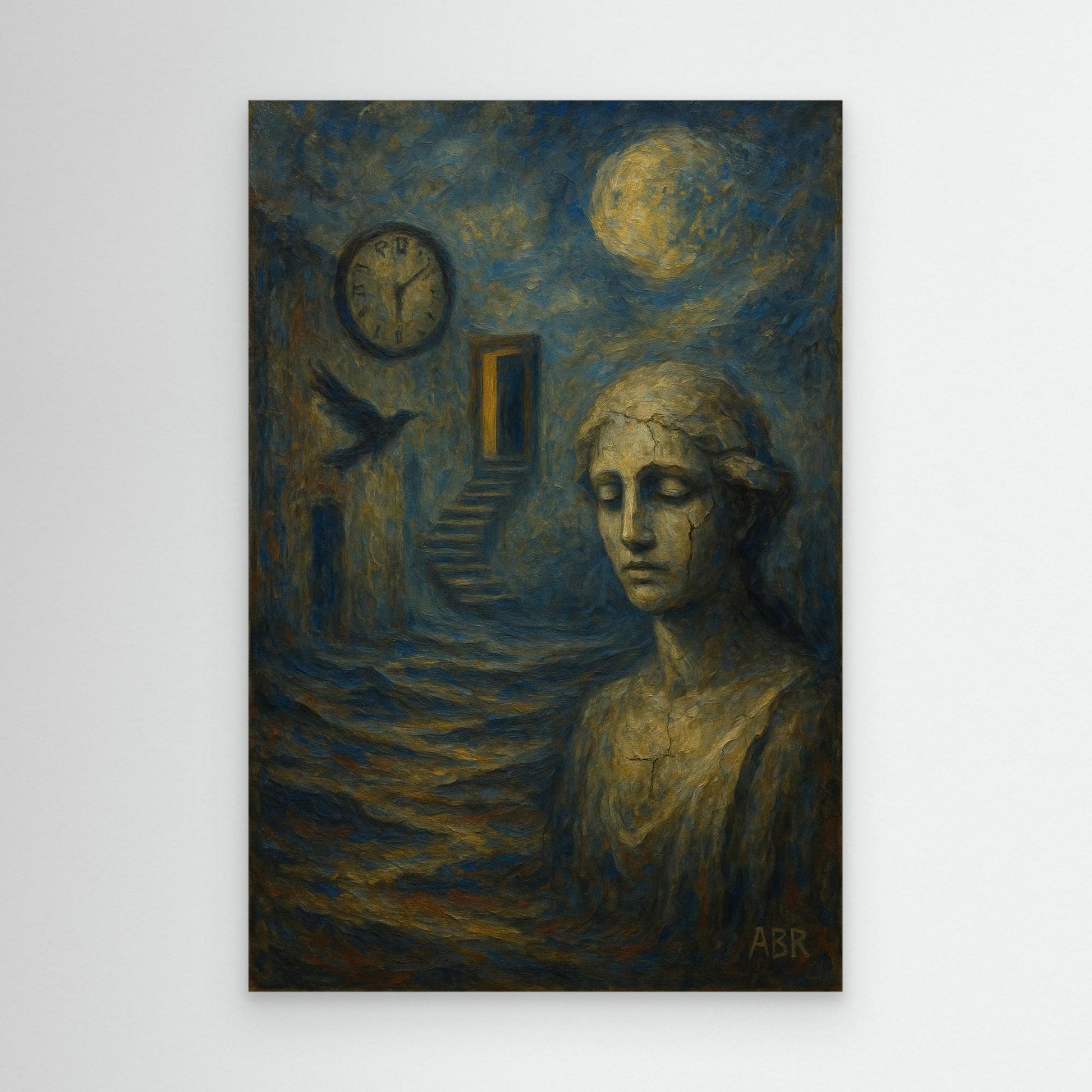 Surreal blue and gold abstract canvas wall art with cracked statue and moonlit staircase.