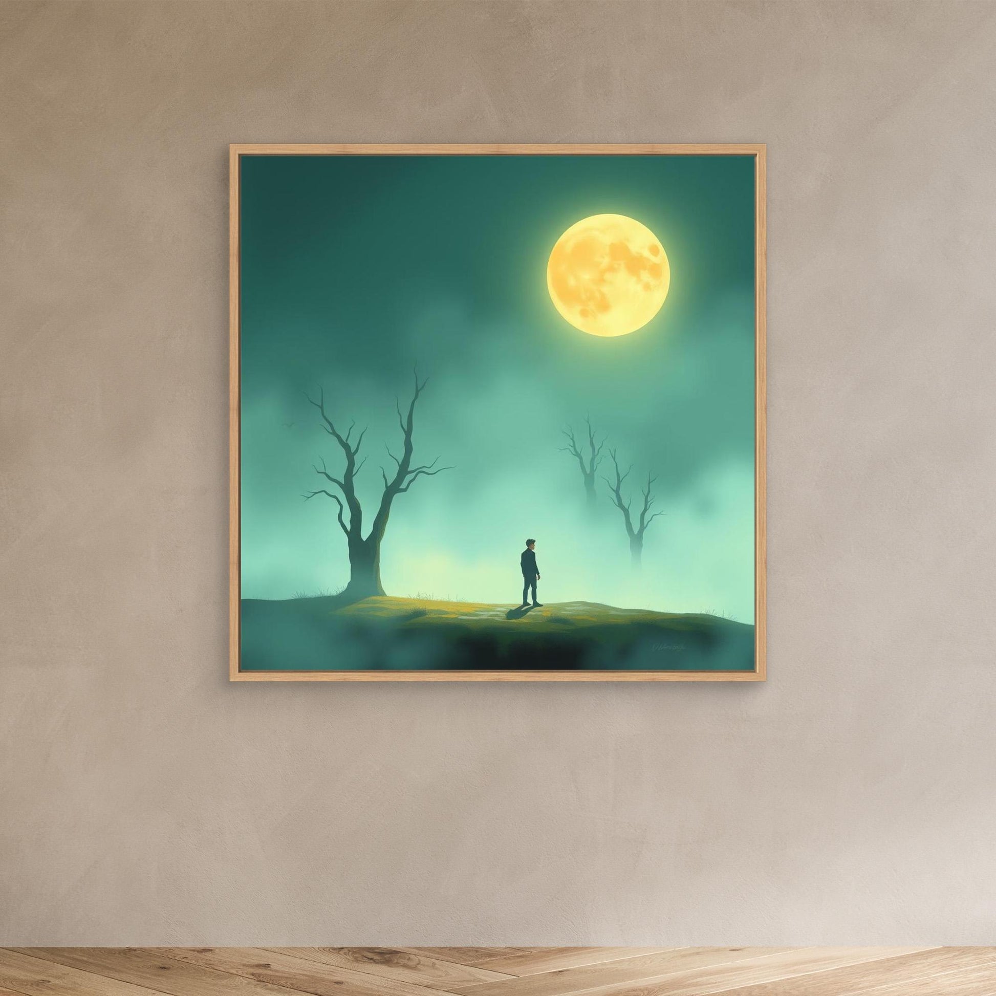 Minimalist Moonlight Silence – Serene Canvas Wall Art in Fog and Full Moonlight