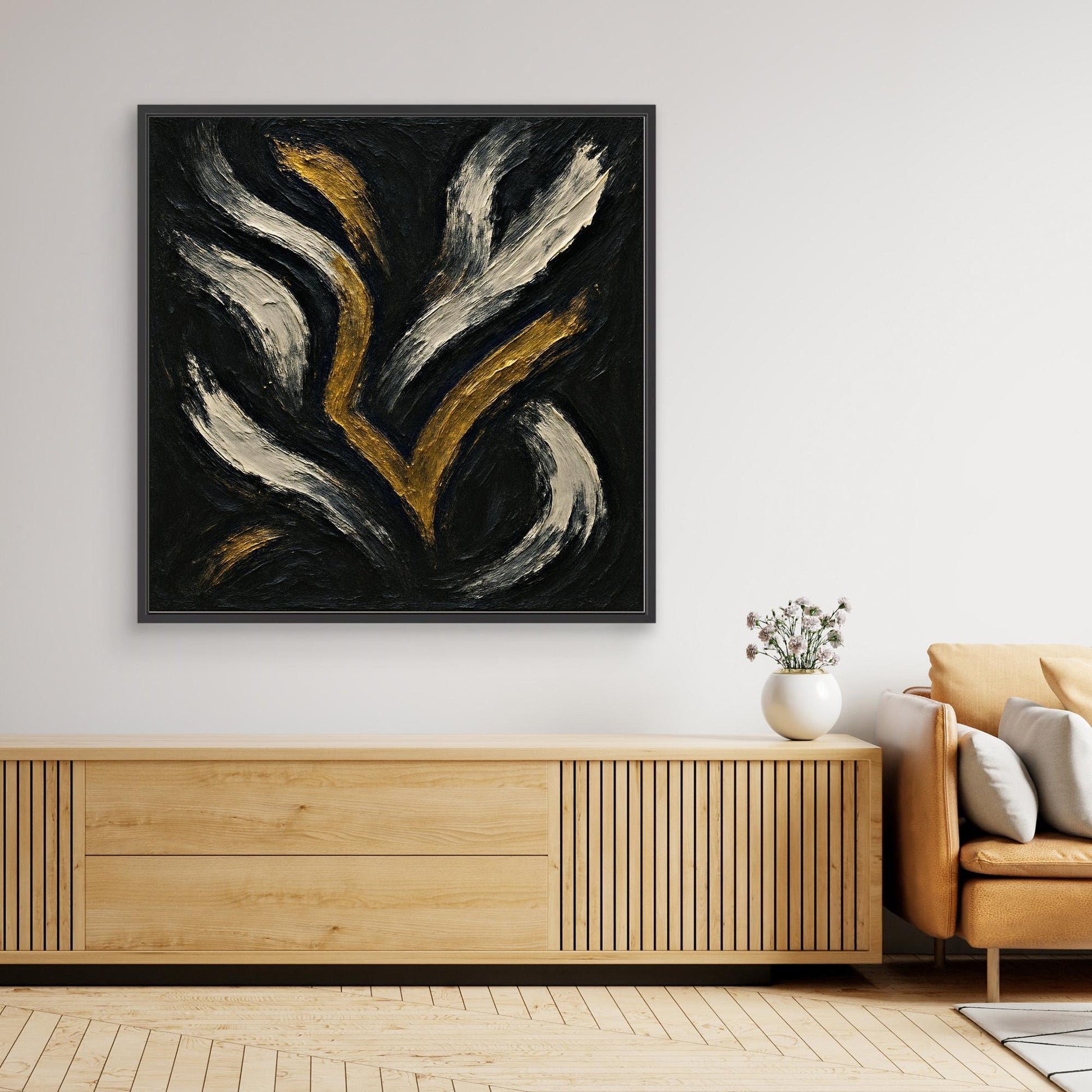 Gold and White Abstract Canvas Wall Art – Flowing Brush Design