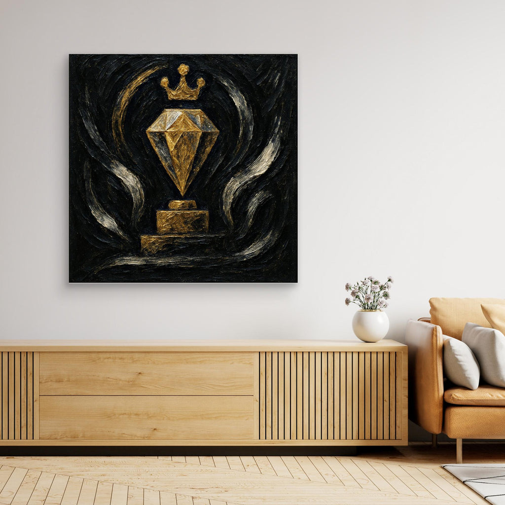 Gold Crowned Diamond – Abstract Canvas Wall Art in Black & Gold
