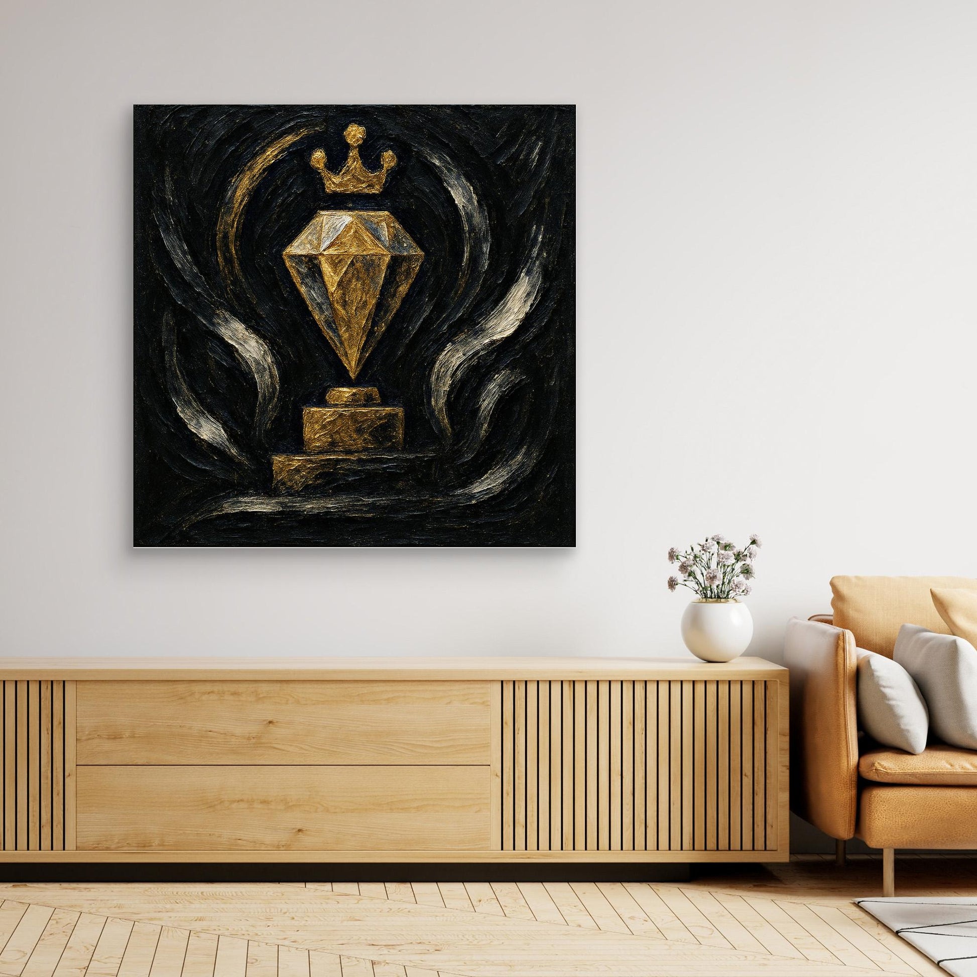 Gold Crowned Diamond – Abstract Canvas Wall Art in Black & Gold