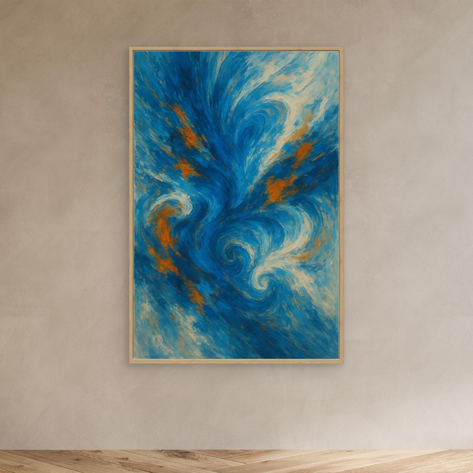 Abstract Ocean Swirl Canvas Wall Art – Blue and Orange Brush Texture