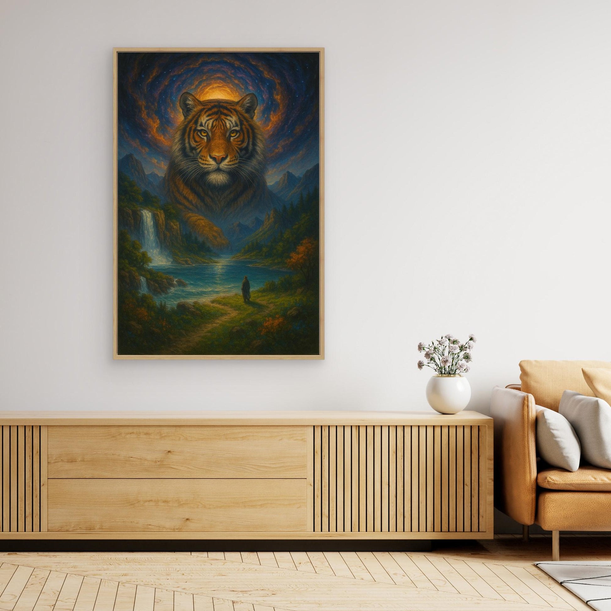 Mystic Tiger Spirit | Fantasy Canvas Wall Art of Majestic Jungle and Waterfall Landscape