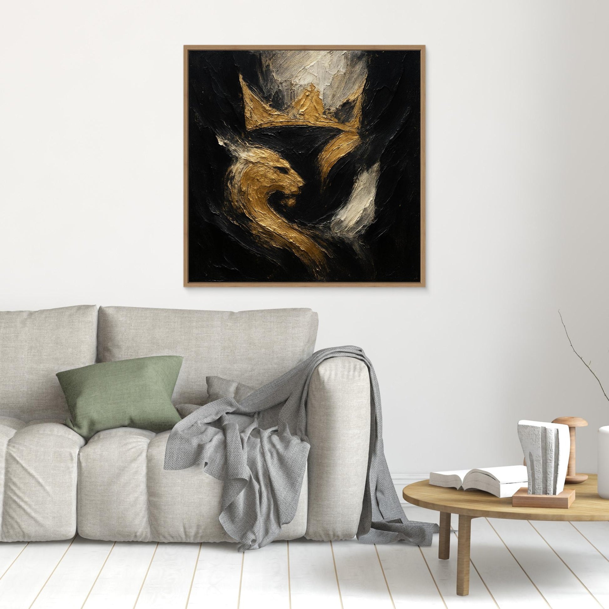Crowned Lion Canvas Wall Art – Abstract Gold and Black Painting