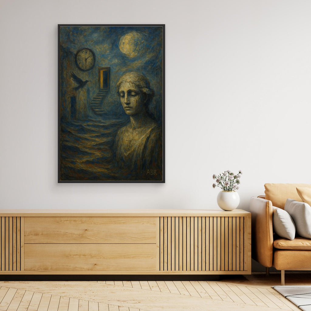 Surreal blue and gold abstract canvas wall art with cracked statue and moonlit staircase.
