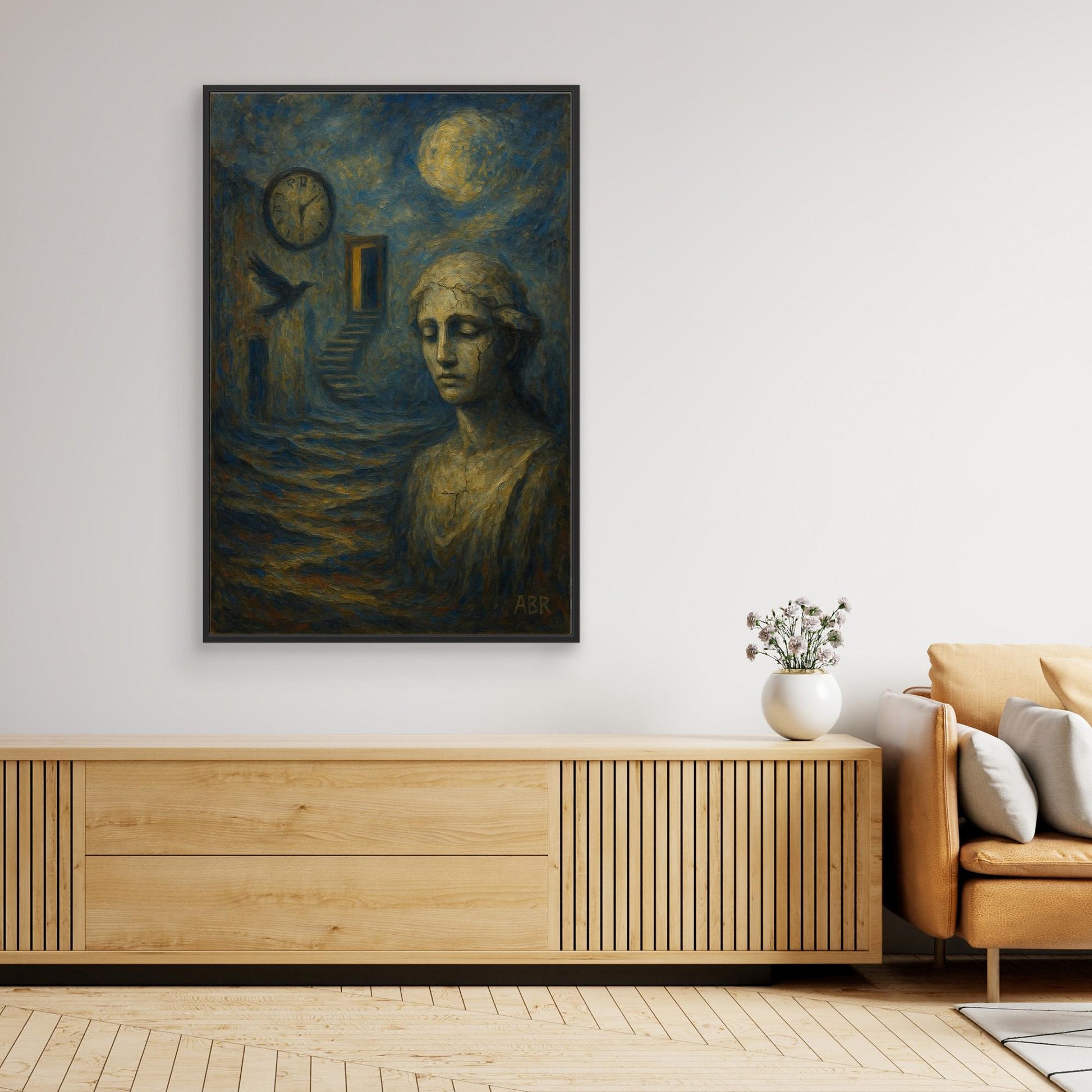 Surreal blue and gold abstract canvas wall art with cracked statue and moonlit staircase.