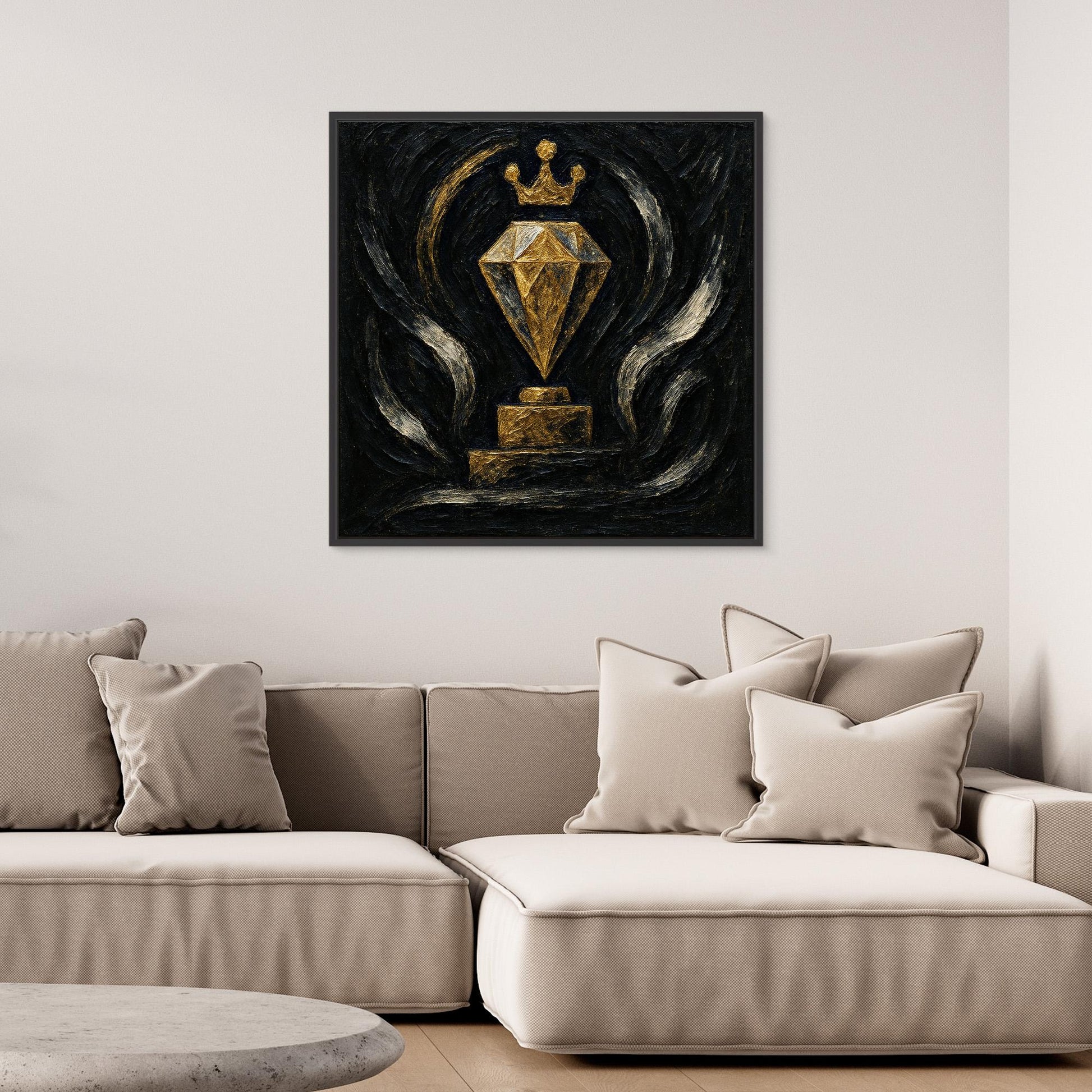 Gold Crowned Diamond – Abstract Canvas Wall Art in Black & Gold