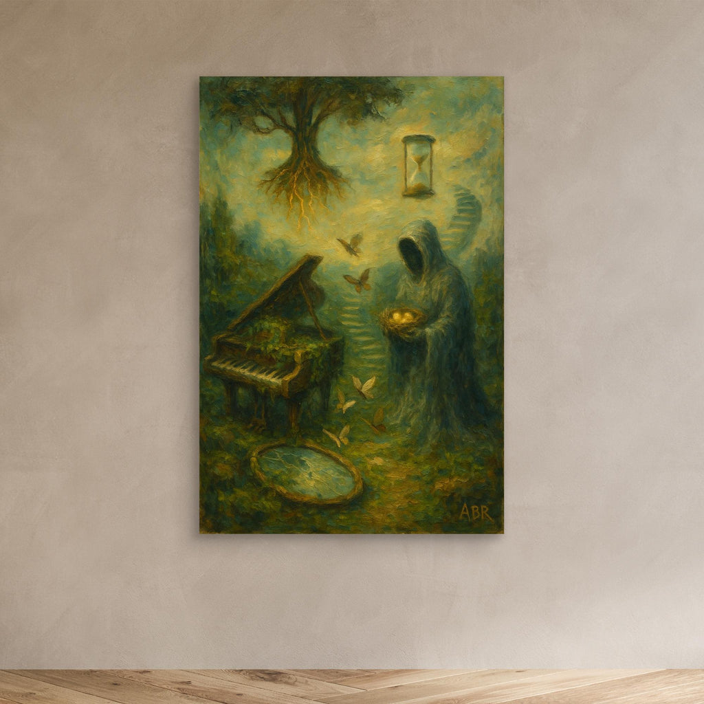 Surreal Canvas Wall Art with Hooded Figure and Piano
