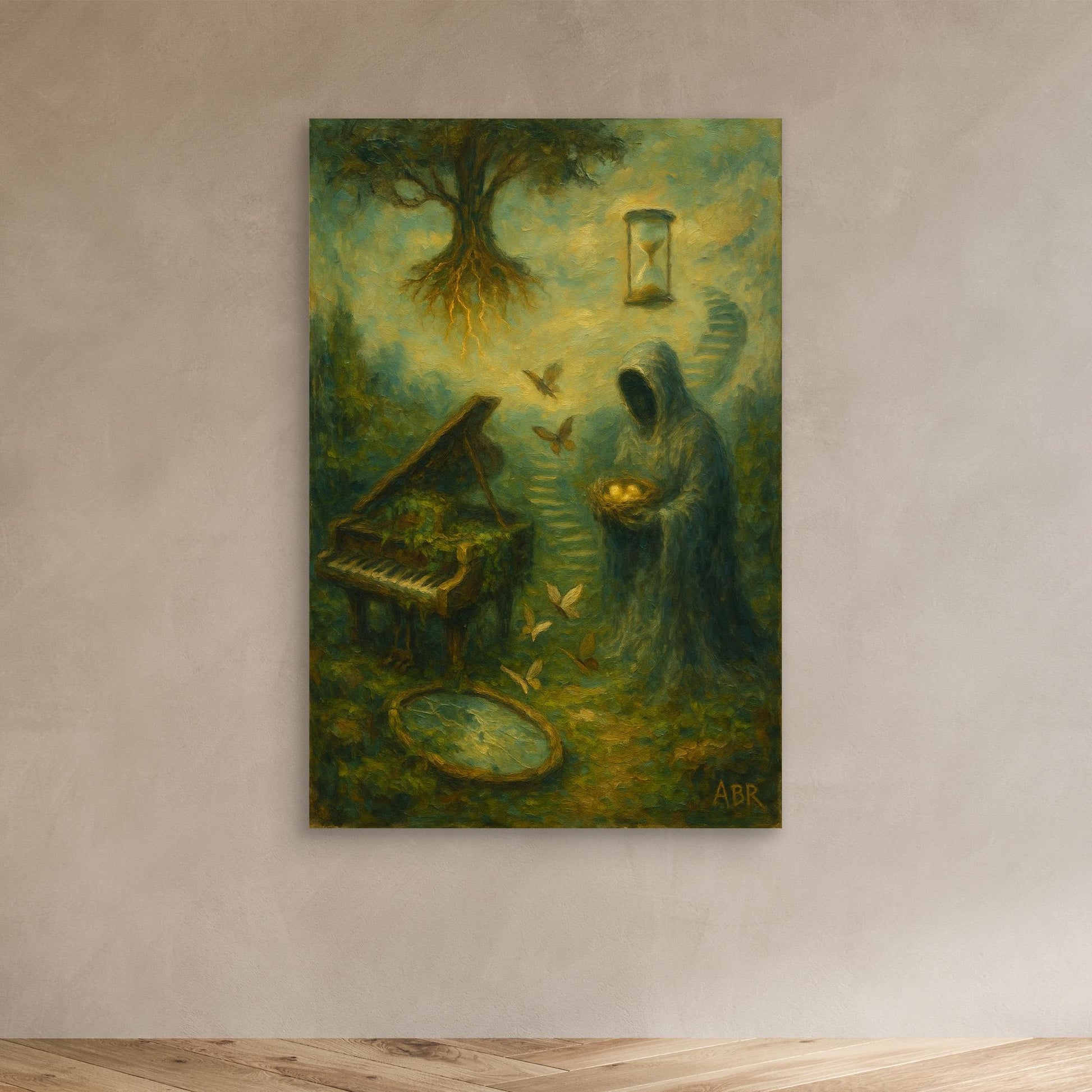 Surreal Canvas Wall Art with Hooded Figure and Piano