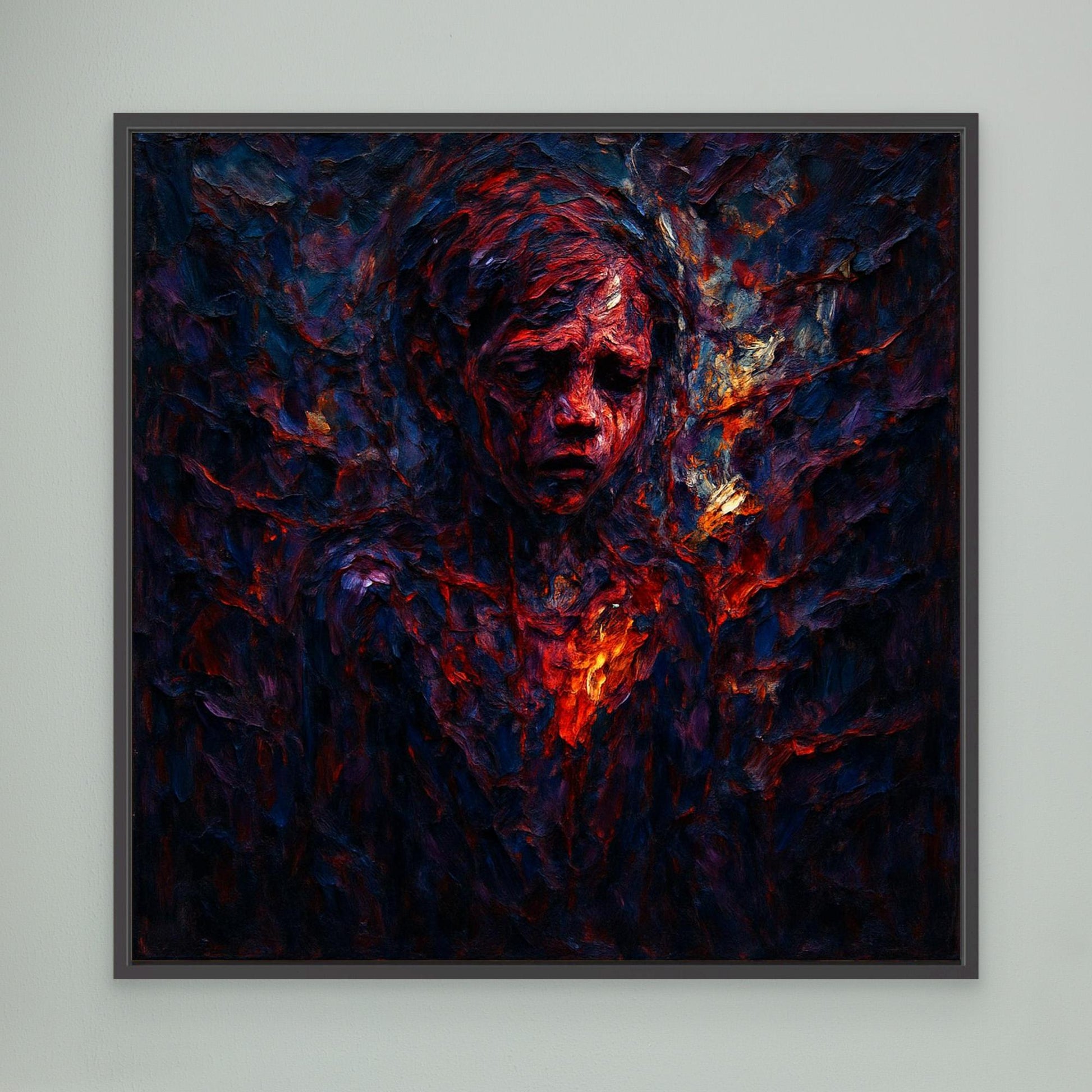 Figurative Fire Portrait – Dark Emotional Canvas Wall Art