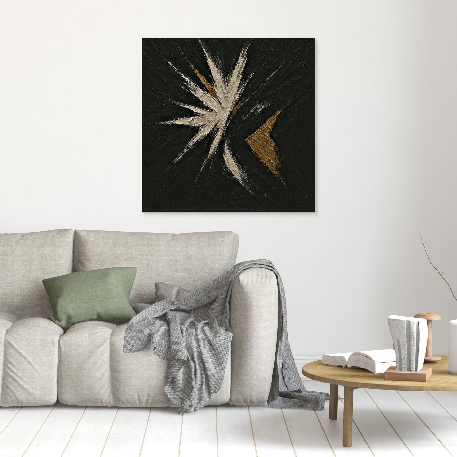 Abstract Starburst Canvas Wall Art – Black, Gold & Ivory